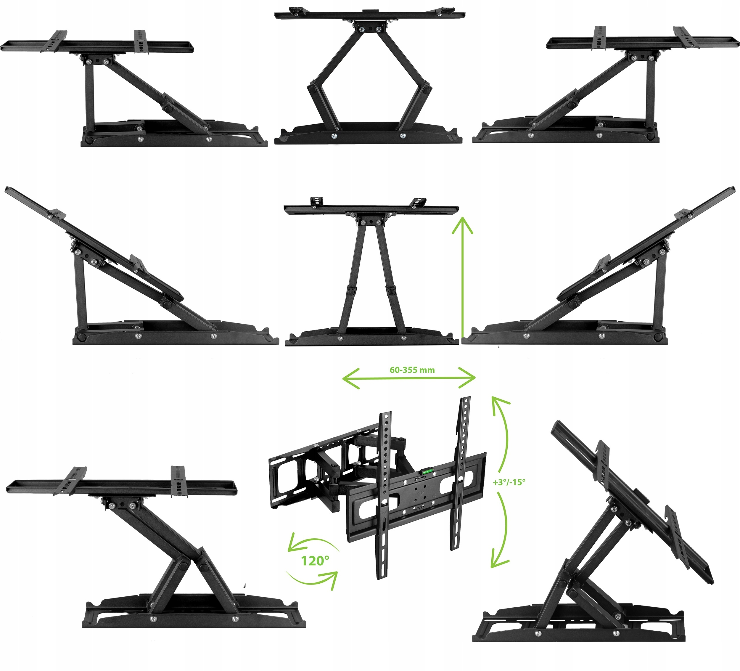 Zestaw czarnych uchwytów TV w różnych pozycjach, pokazujących różne opcje regulacji.