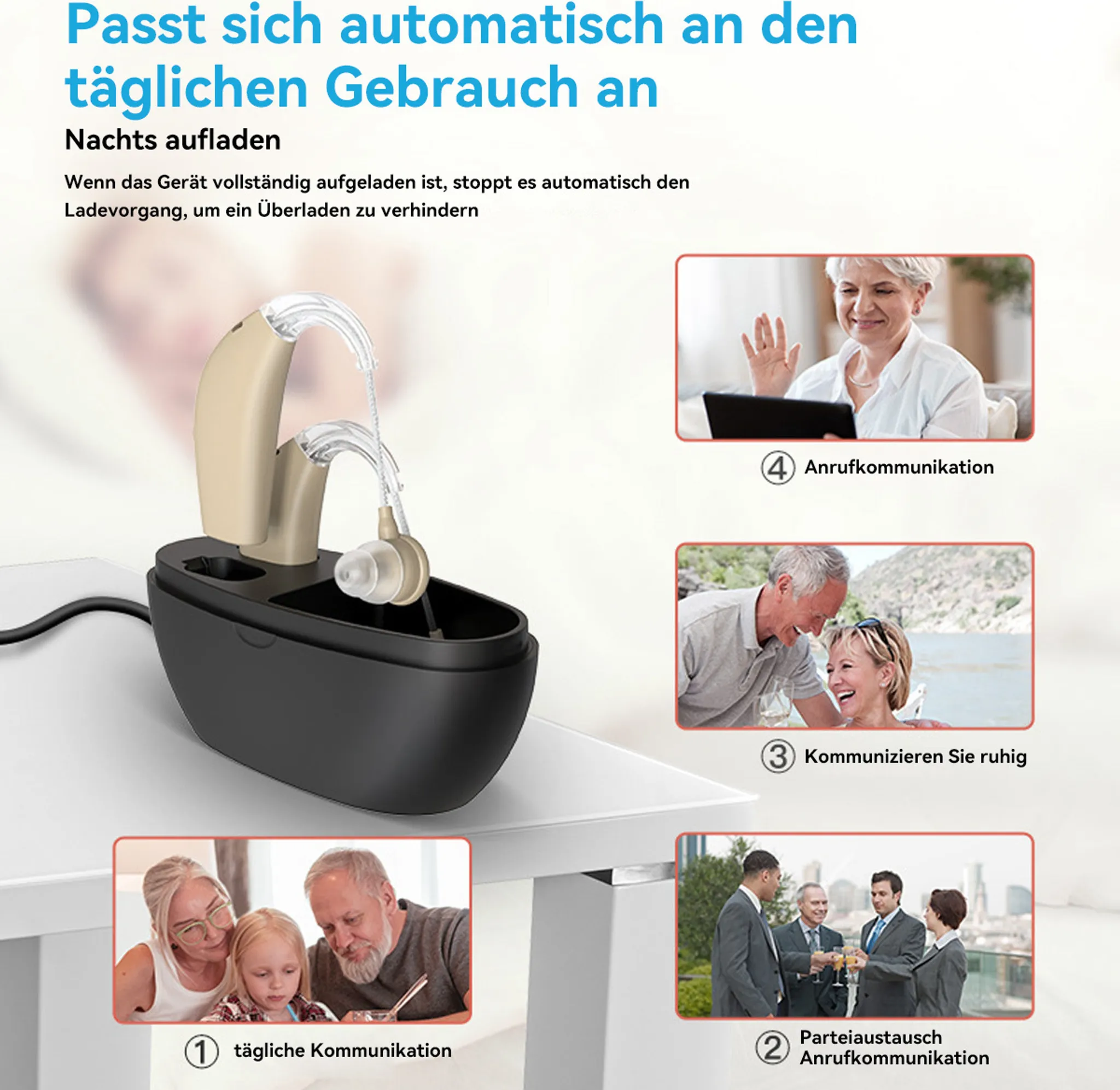 Ein Hörgerät und eine Ladestation mit Bildern von kommunizierenden Menschen. Text auf Deutsch.