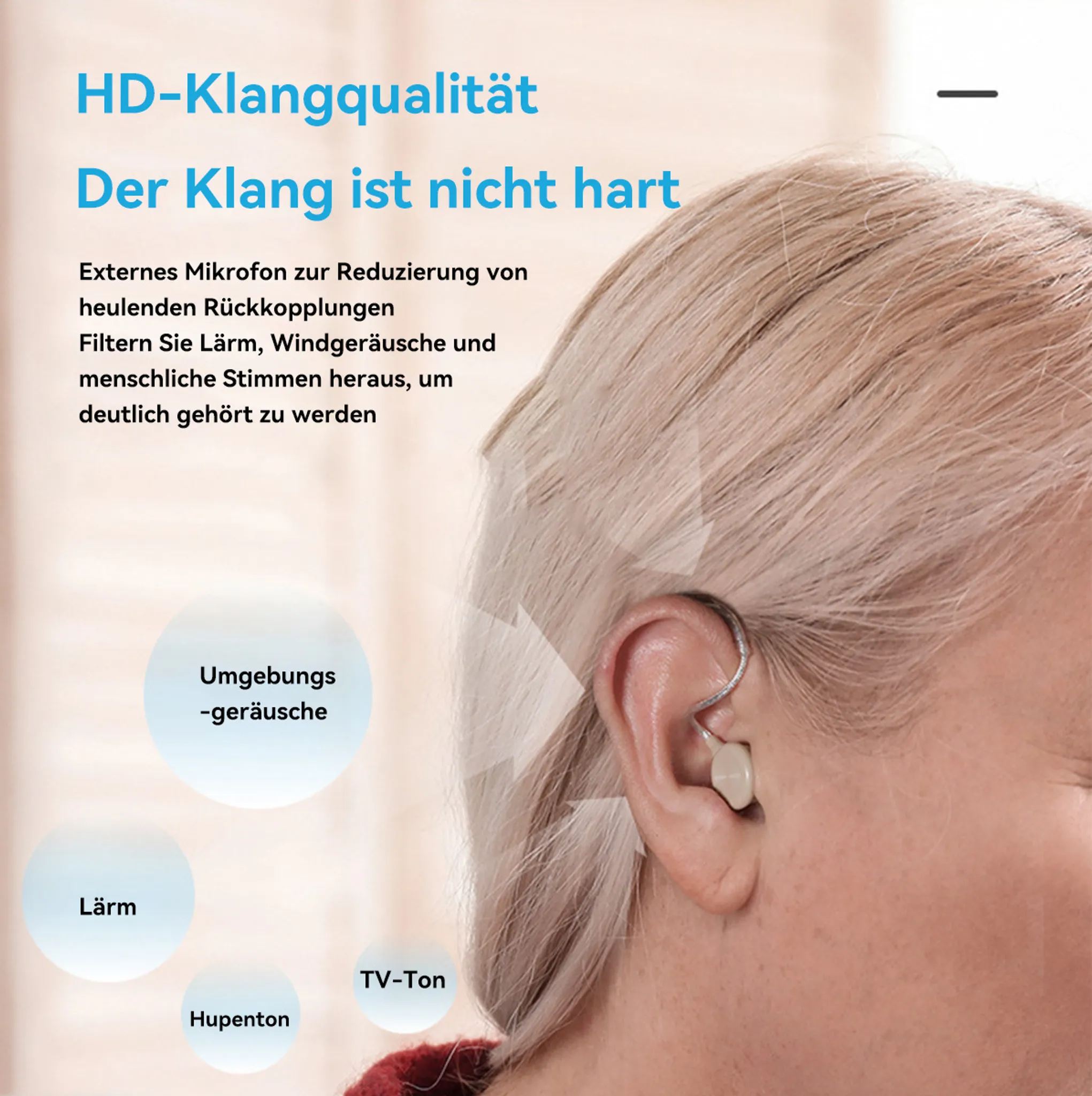 Eine Frau mit Hörgerät. Text auf Deutsch erklärt Klangqualität und Lärmreduzierung.