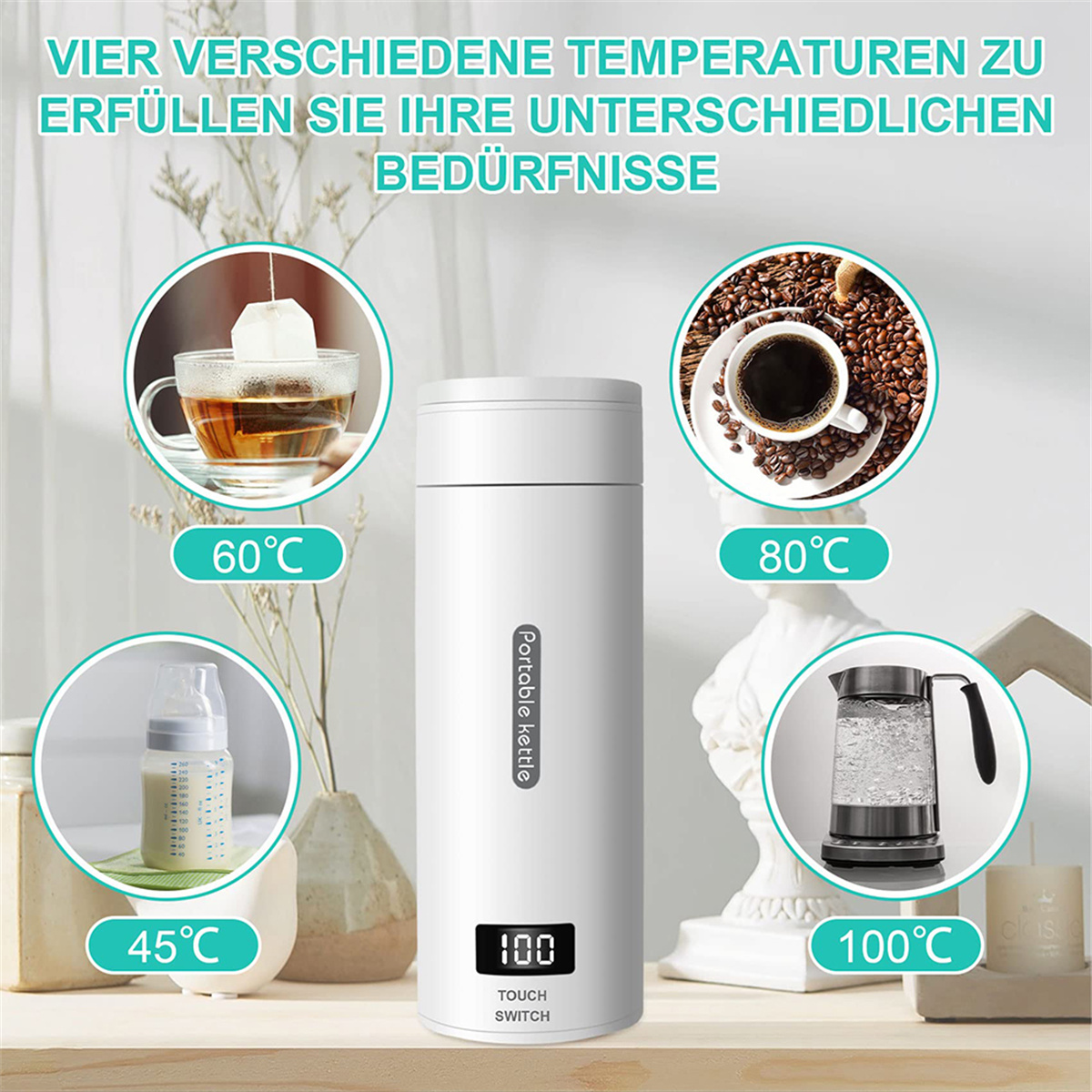Weißer tragbarer Wasserkocher mit Digitalanzeige 100, Touch-Switch-Etikett.