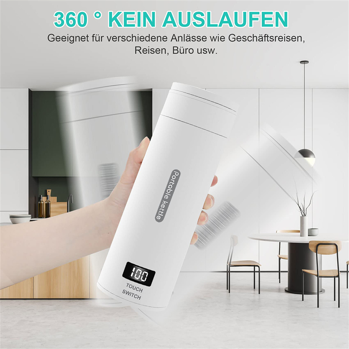 Ein weißer tragbarer Wasserkocher wird gehalten, mit einem Hintergrund einer Küche. Text ist sichtbar.
