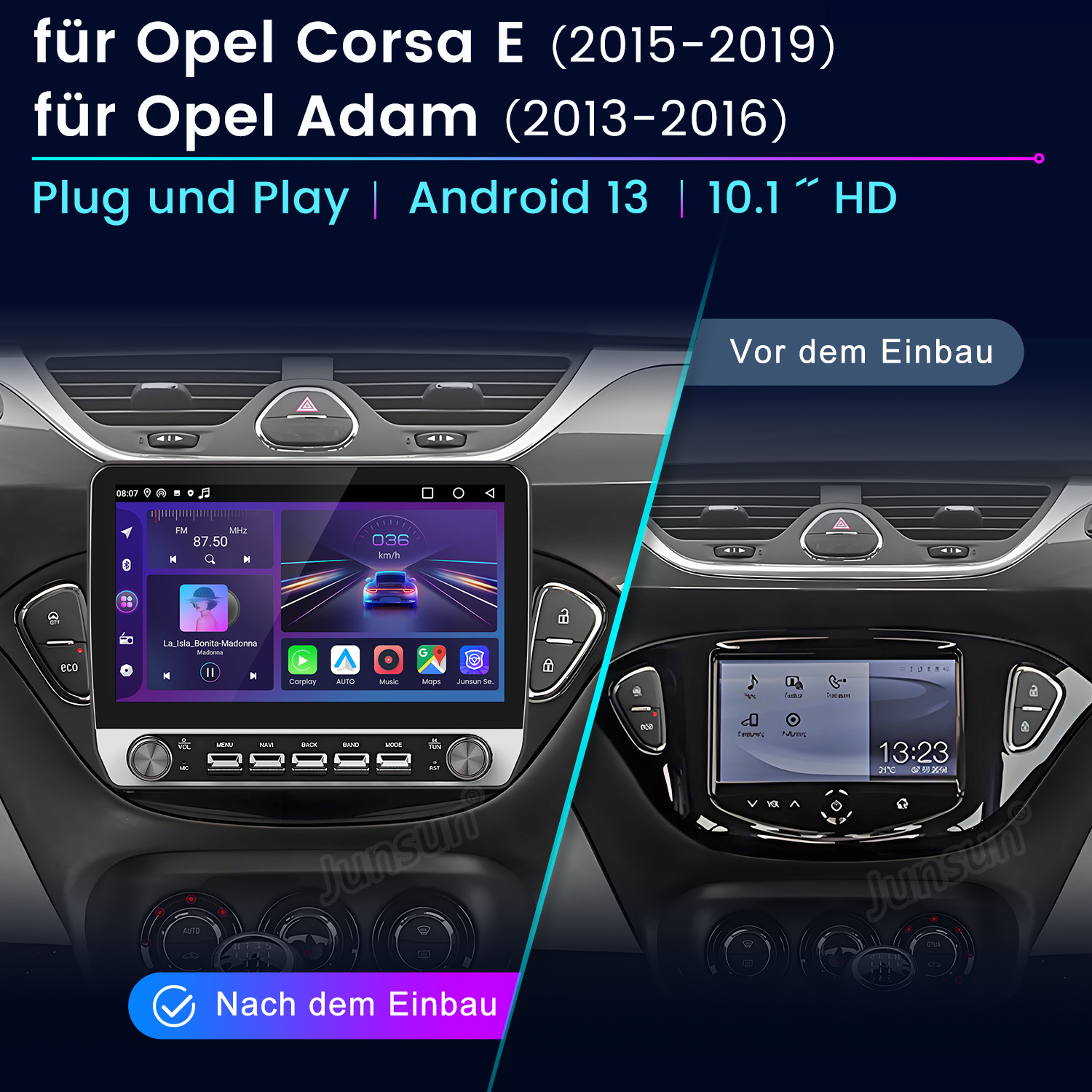 Autoradio-Bildschirm. Der linke Bildschirm zeigt die Benutzeroberfläche nach der Installation.