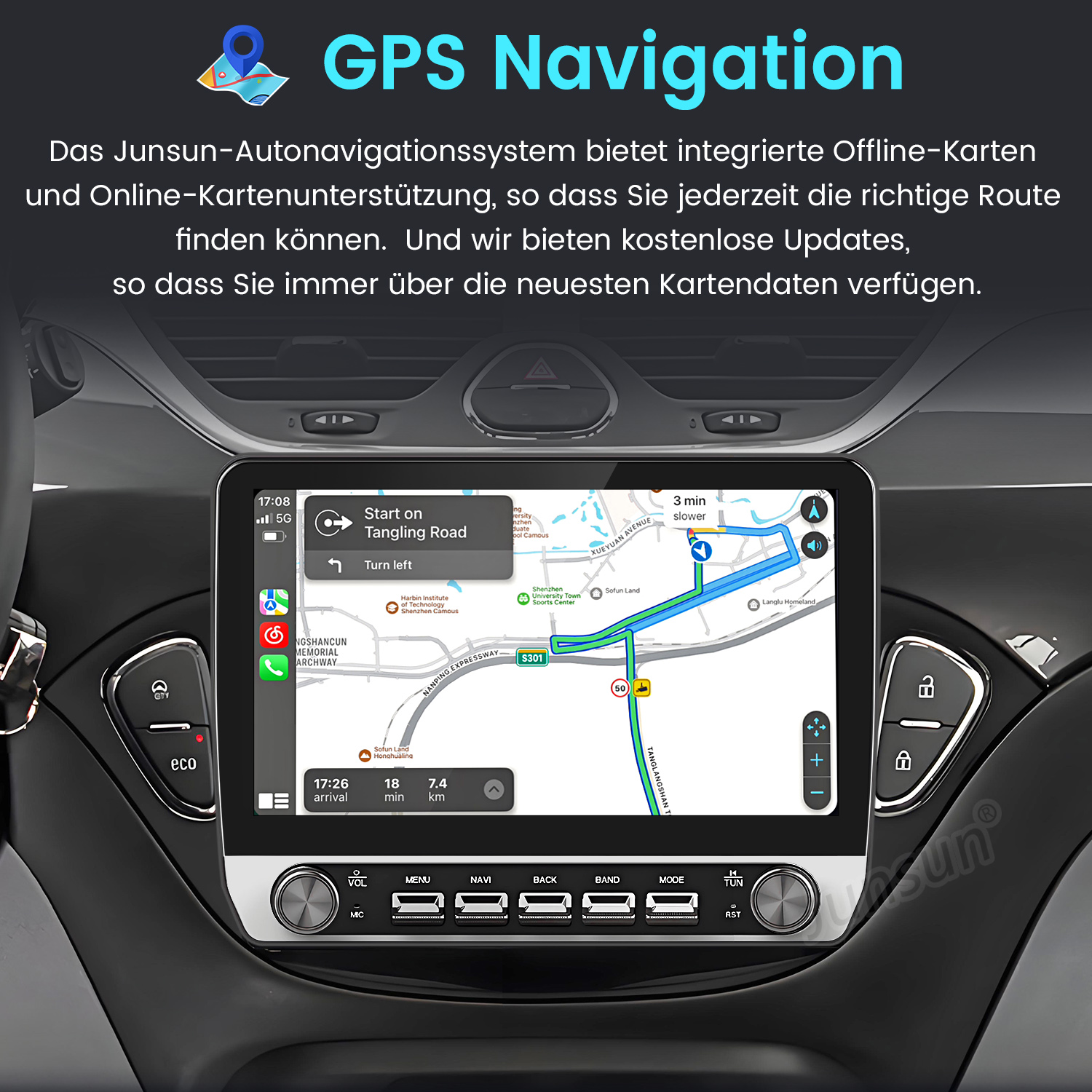 Ein Auto-Multimedia-Bildschirm, der eine Navigationsschnittstelle mit Karte und dem Text "GPS Navigation" anzeigt.