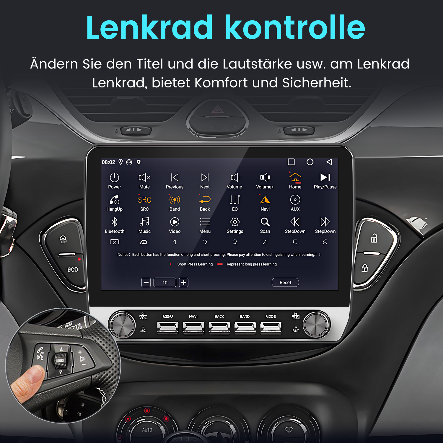 Auto-Infotainment-Bildschirm zeigt Bedienelemente an. Hand am Lenkrad, Tasten sichtbar. Hintergrund ist der Innenraum.