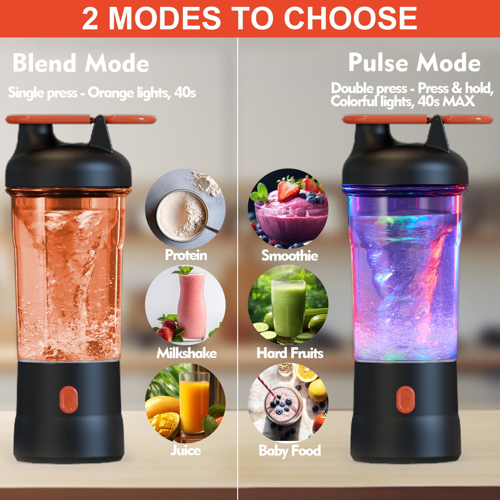 Zwei Modi für einen Mixer: Mischmodus mit orangefarbenem Licht und Impulsmodus mit farbenfrohem Licht. Jeder Modus hat verschiedene Rezepte.