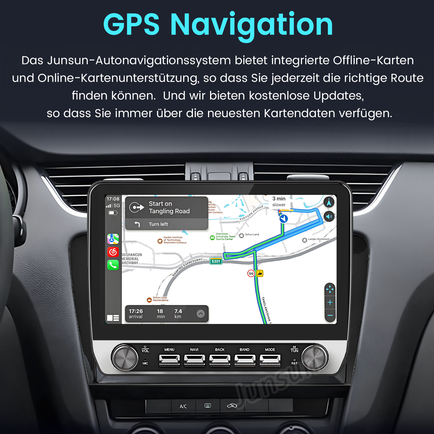 Auto-GPS-Navigationsbildschirm, der eine Karte und Navigationsinformationen anzeigt. Tasten unten.