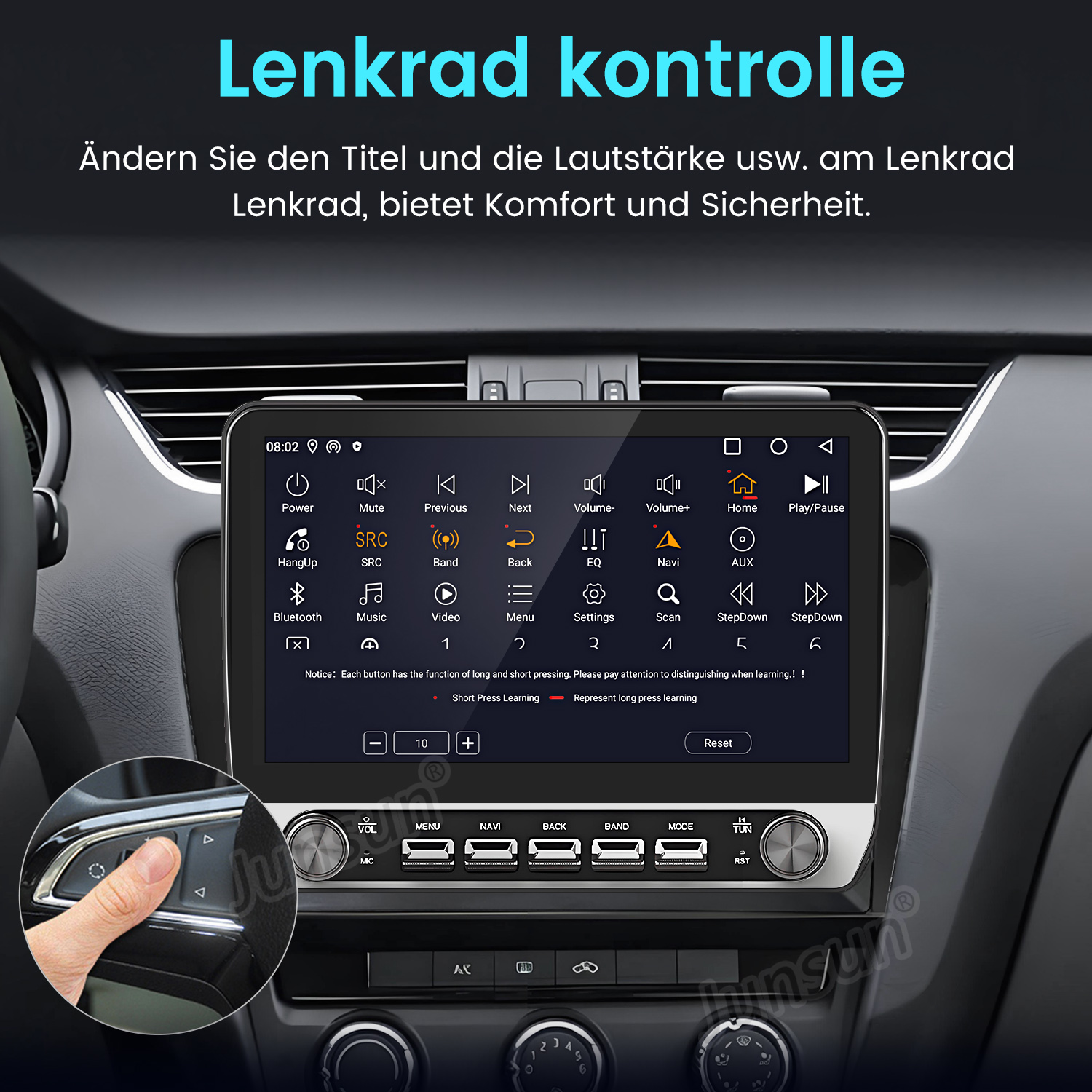 Bildschirm im Auto mit Lenkradsteuerung. Enthält Tasten für Lautstärke, Menü, Navigation und mehr.