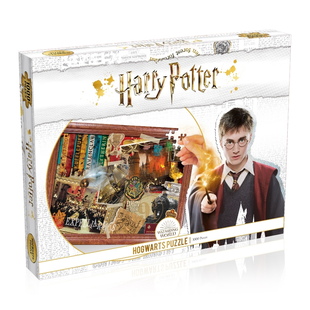 Eine Harry Potter-Puzzledose, die die Vorderseite des Puzzles und Harry Potter mit seinem Zauberstab zeigt.