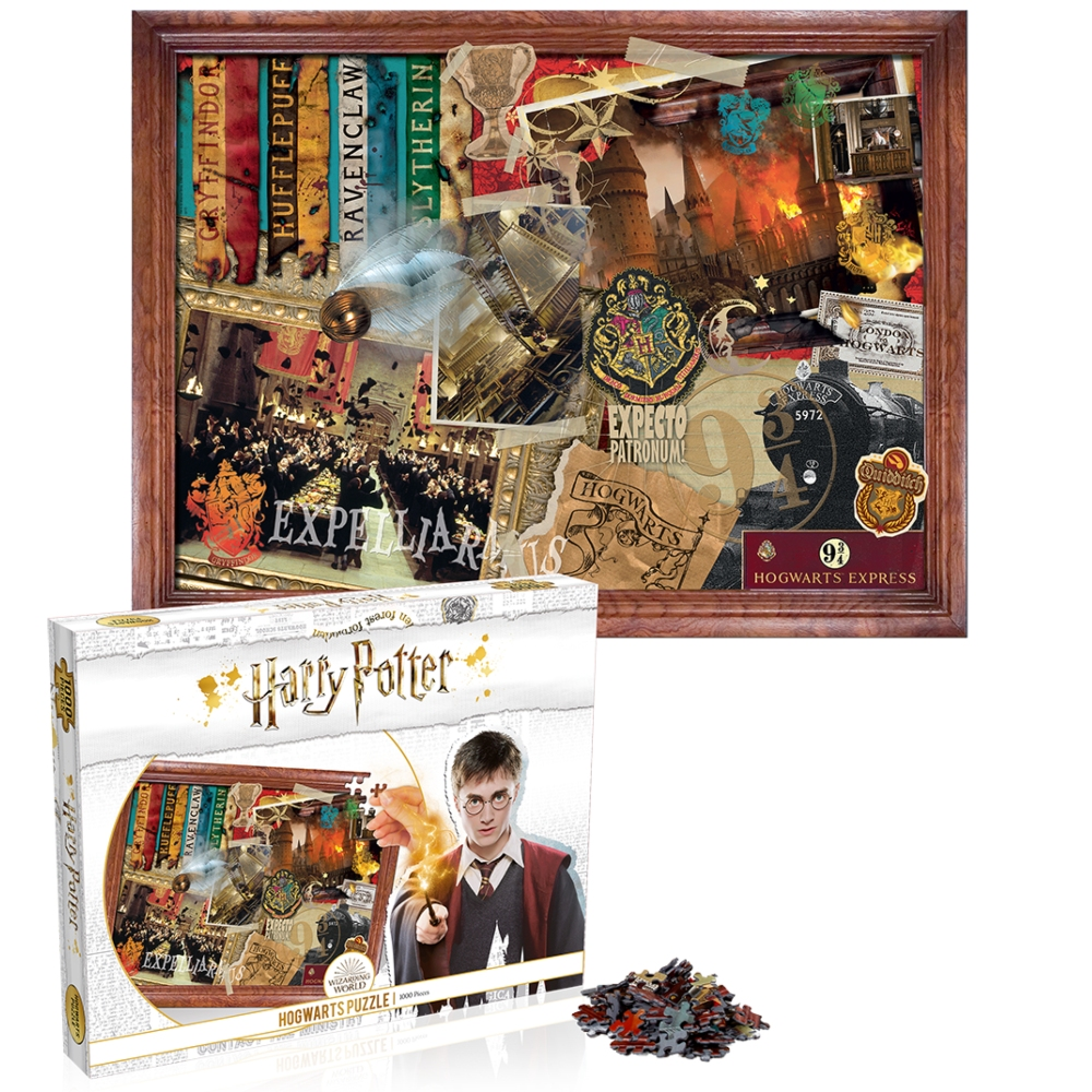 Harry Potter-Puzzledose mit einem fertigen Puzzle in einem Rahmen und losen Teilen.