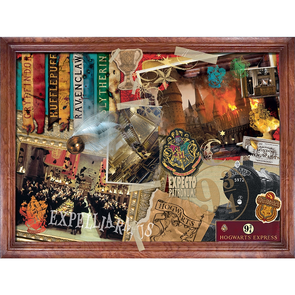 Eine gerahmte Collage mit Harry-Potter-Artikeln: Bücher, ein Schnatz, Hogwarts-Wappen, Hogwarts-Express usw.