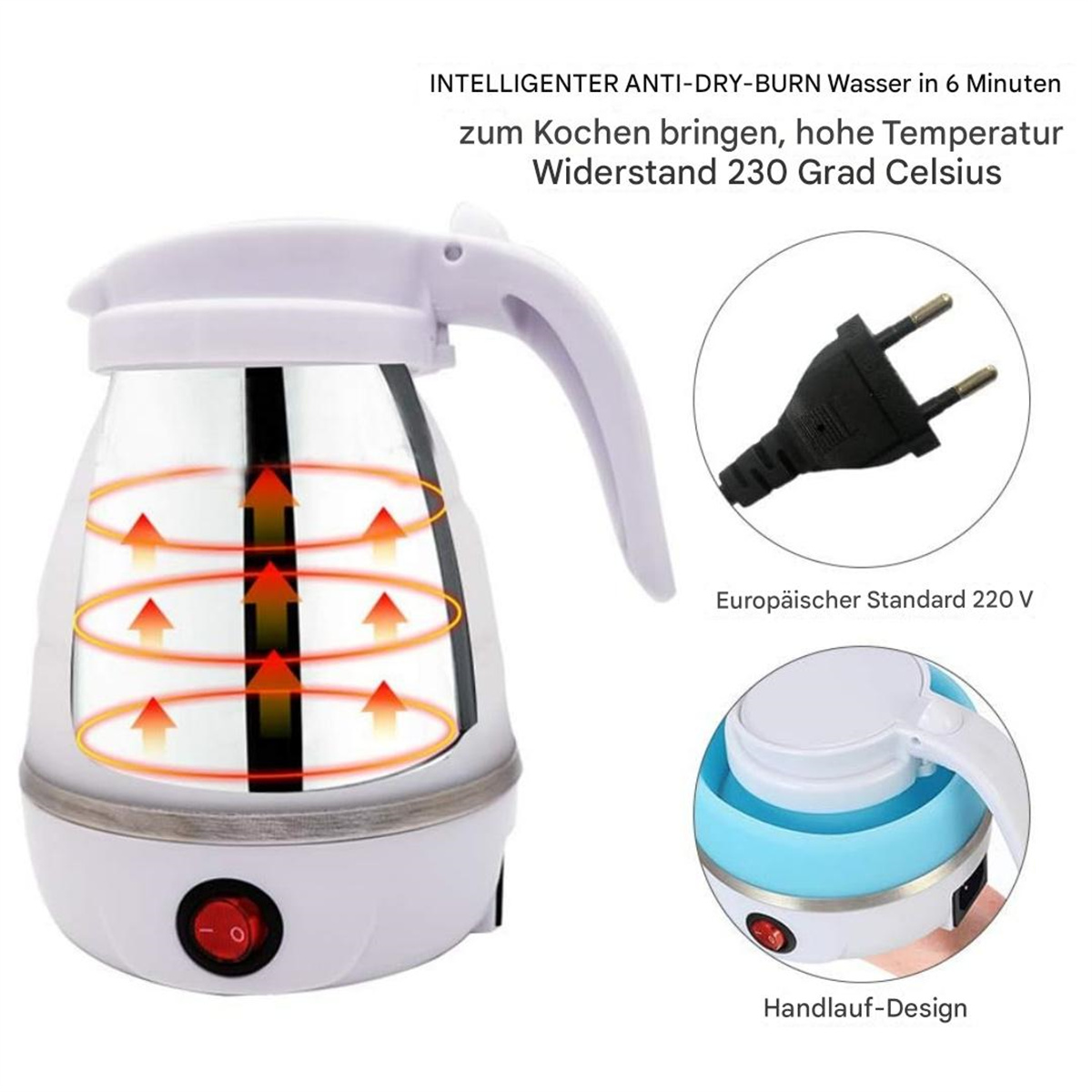 Weißer elektrischer Wasserkocher mit faltbarem Design und schwarzem Stecker. Der Wasserkocher ist teilweise transparent.