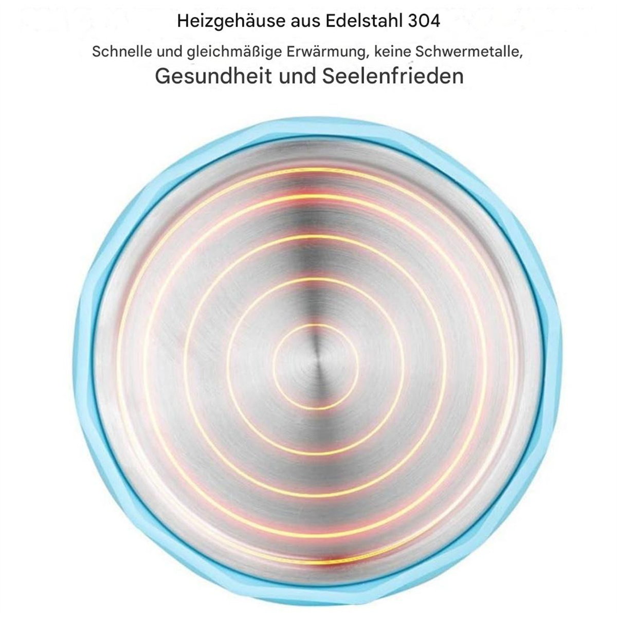 Der Boden eines Wasserkochers mit blauem Rand, der das Heizelement mit konzentrischen Kreisen zeigt.