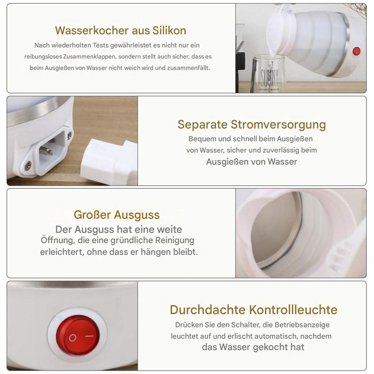 Das Bild zeigt einen weißen, zusammenklappbaren Wasserkocher mit roter Einschalttaste und verschiedenen Textfeldern.