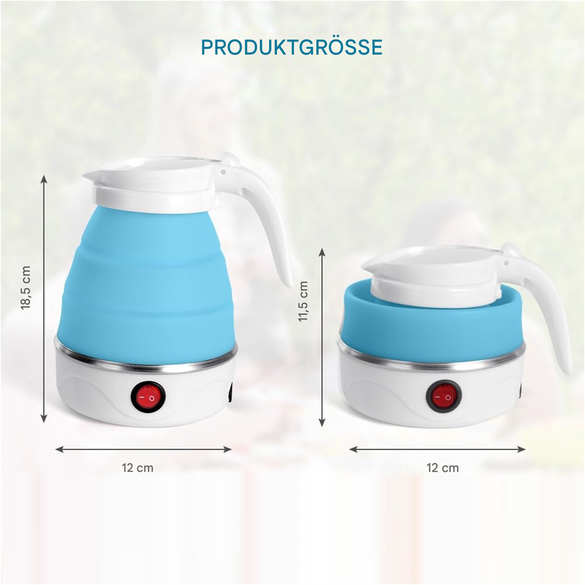 Blau-weißer elektrischer Wasserkocher, zusammengeklappt und erweitert, mit Abmessungen auf hellem Hintergrund.