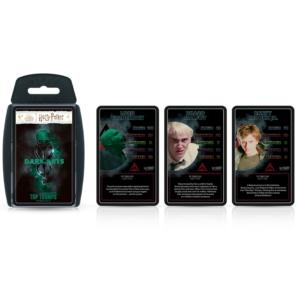 Top Trumps Harry Potter Dark Arts Karten, darunter Lord Voldemort, Draco Malfoy und Barty Crouch Jr.