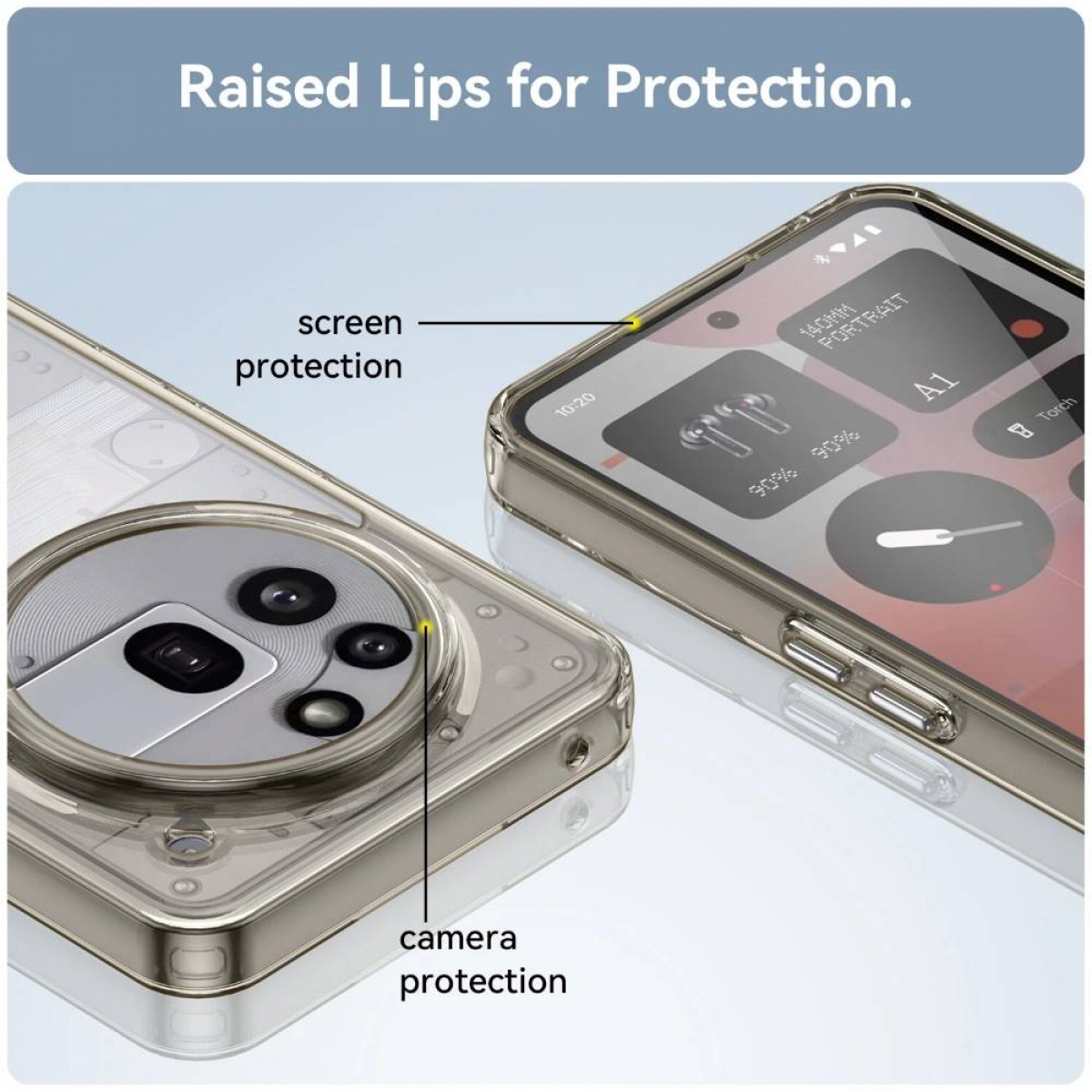 Eine transparente Handyhülle auf einem Telefon. Beschriftungen zeigen auf Schutz.