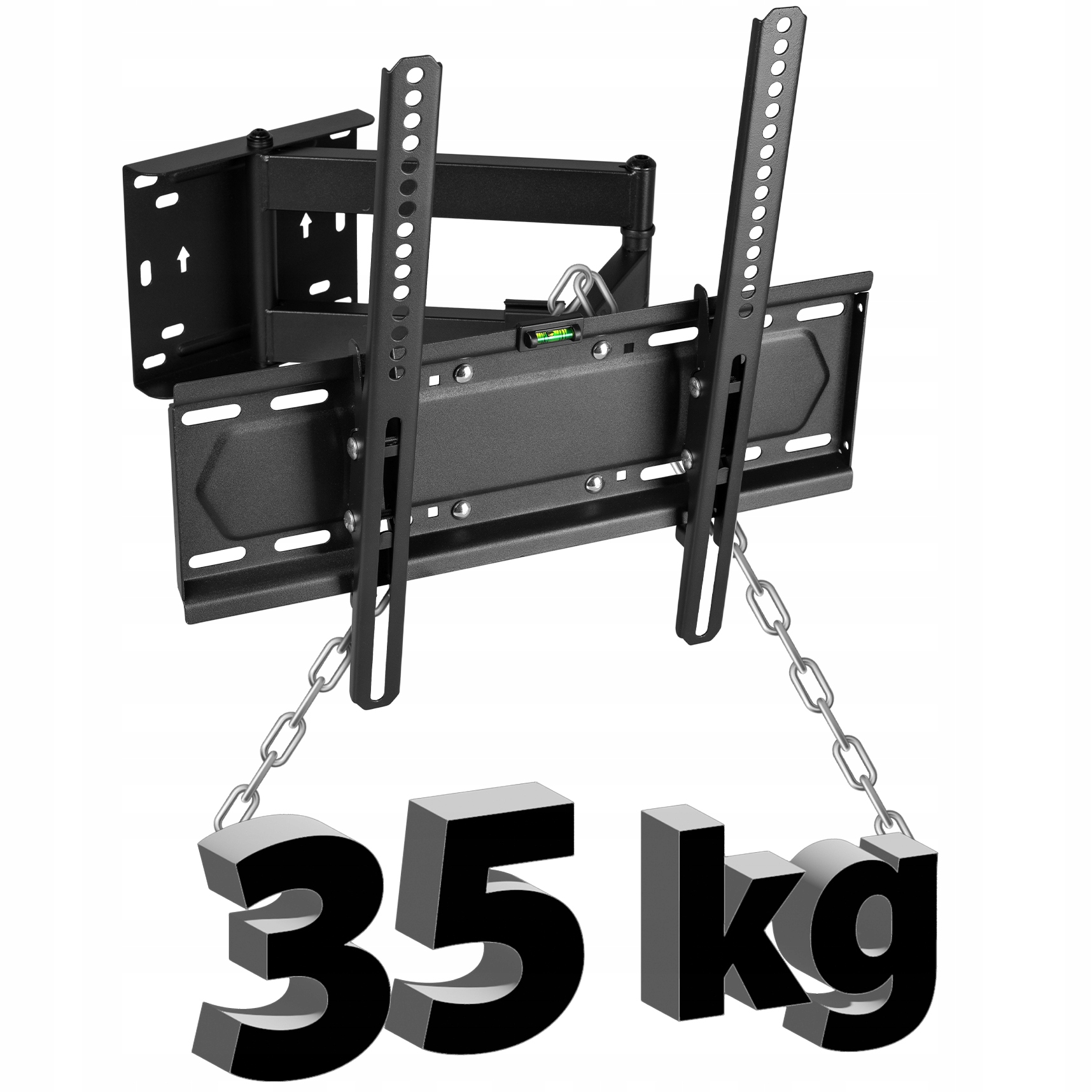 Czarny uchwyt ścienny do telewizora o udźwigu 35 kg, pokazany z łańcuchami i białym tłem.