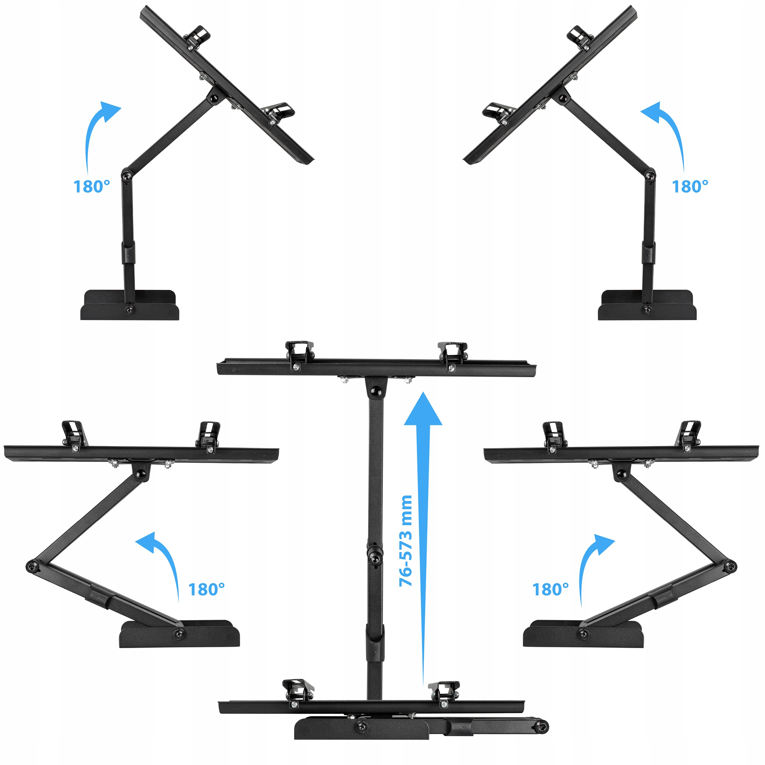 Wiele kątów czarnego uchwytu ściennego do telewizora, pokazujących obrót o 180 stopni i wysokość.