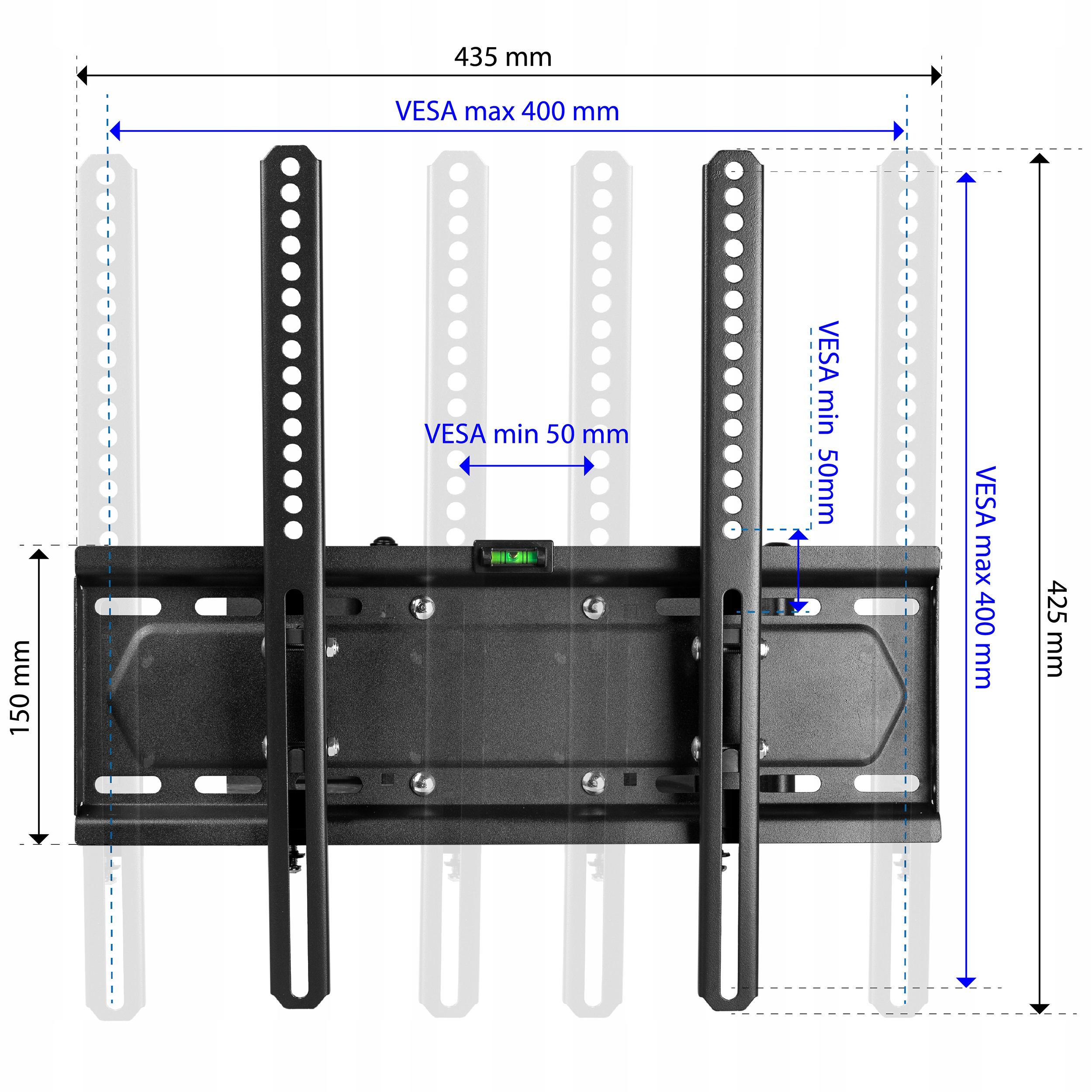 Czarny uchwyt ścienny do telewizora z wymiarami i specyfikacjami VESA oraz poziomnicą.