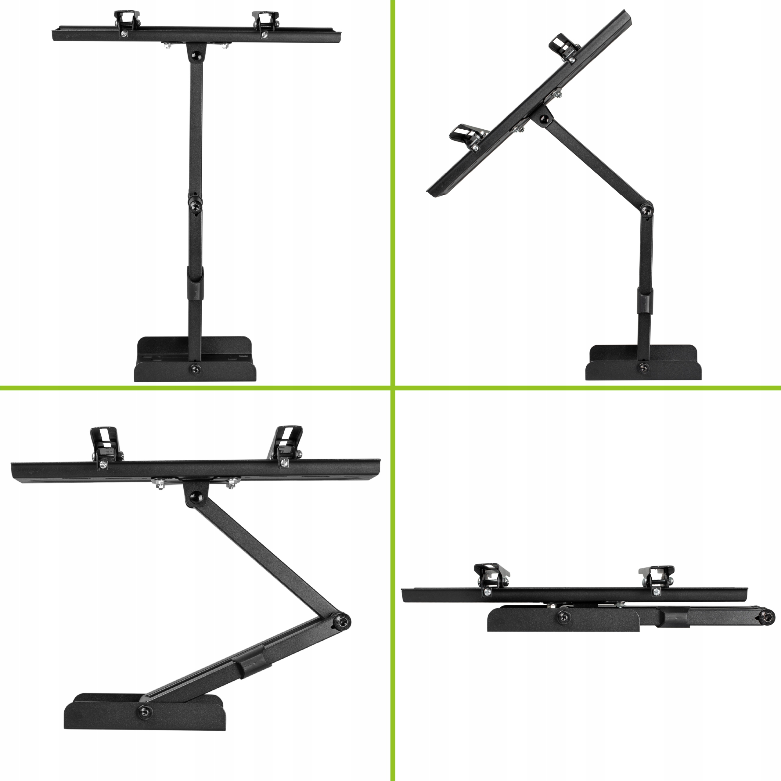 Wiele widoków czarnego uchwytu ściennego do telewizora, pokazujących różne możliwości regulacji.