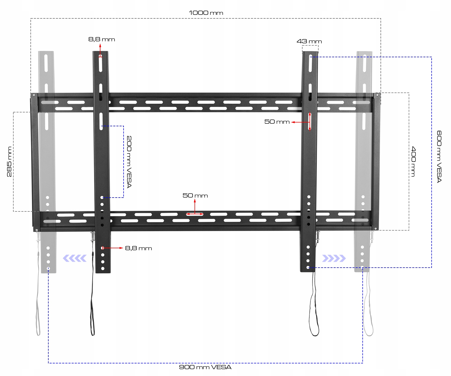 Czarna rama uchwytu TV z wymiarami i wymiarami VESA na schemacie.