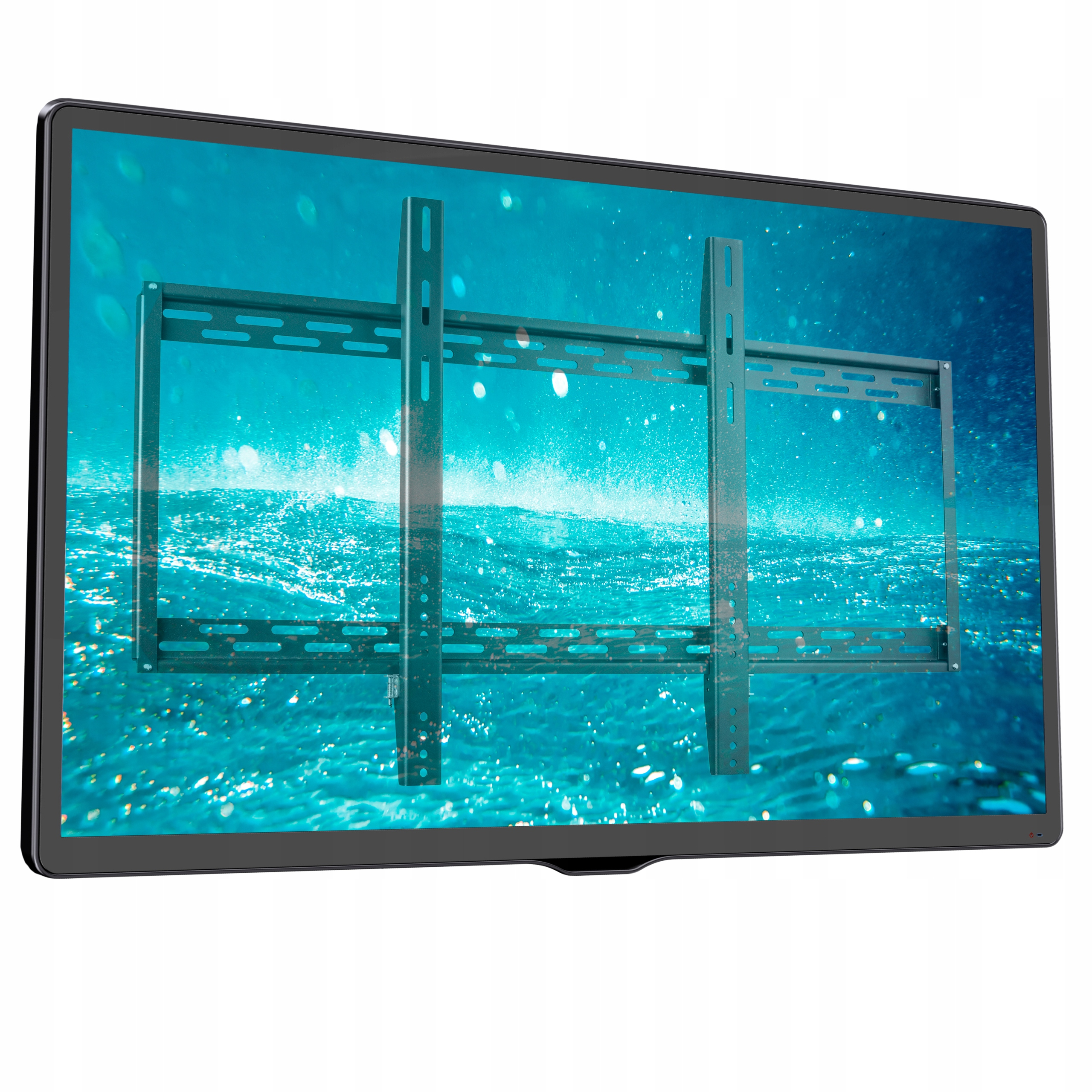 TV zamontowany na ścianie, z ramą uchwytu TV widoczną na ekranie.