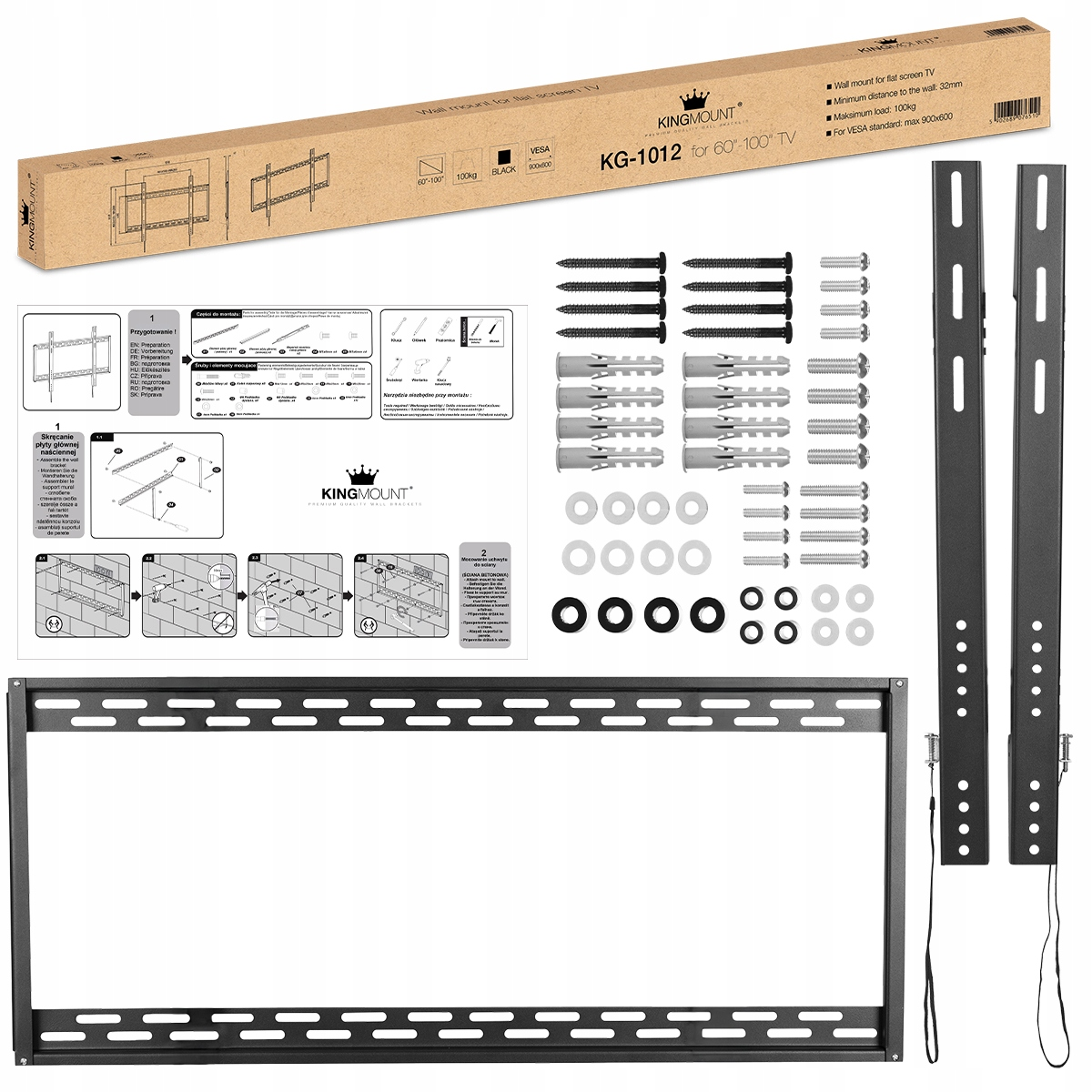 Pudełko zestawu uchwytu ściennego do telewizora z instrukcjami i komponentami. Czarny uchwyt.