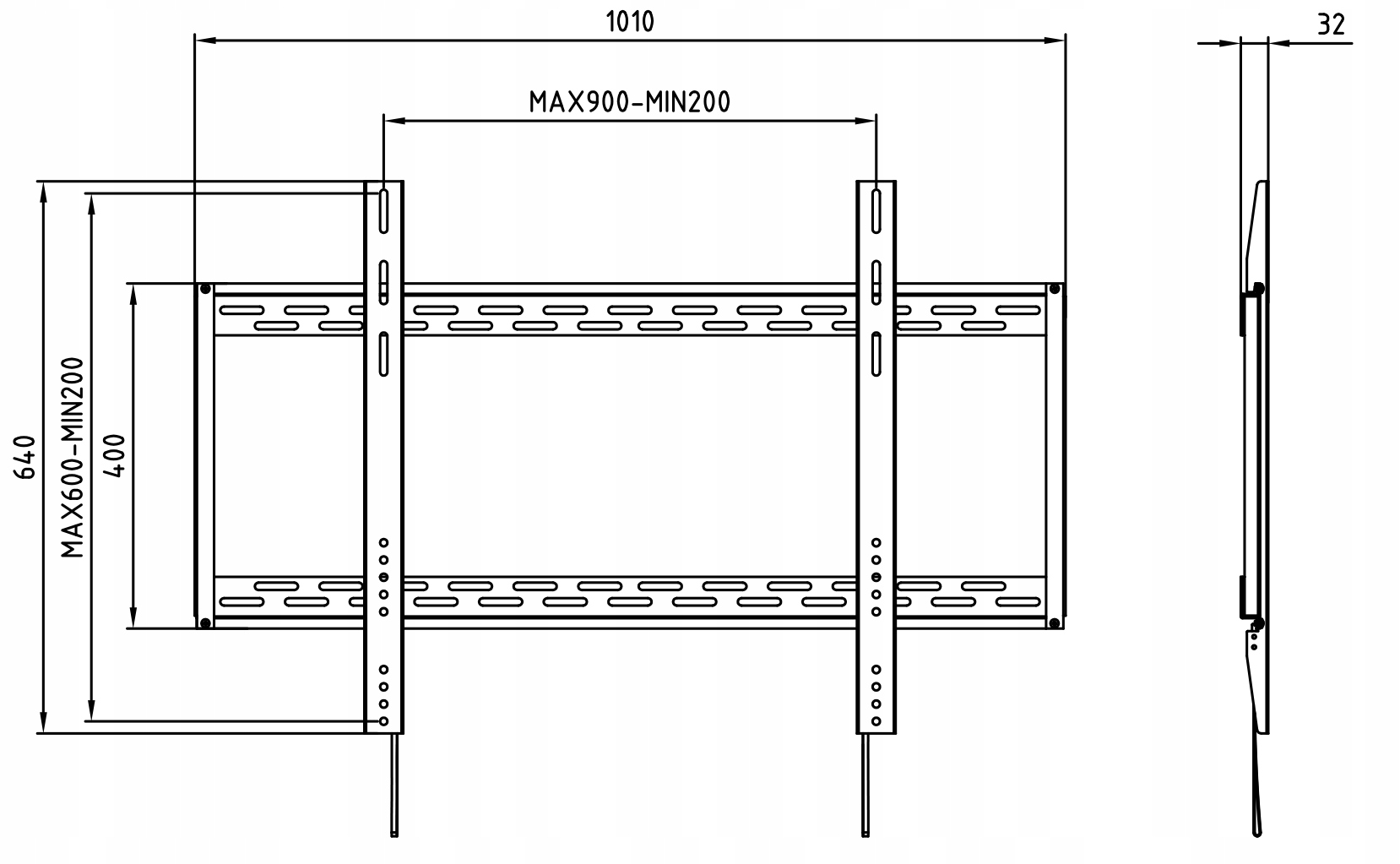 Rysunek techniczny czarnego uchwytu ściennego do TV z wymiarami w milimetrach.