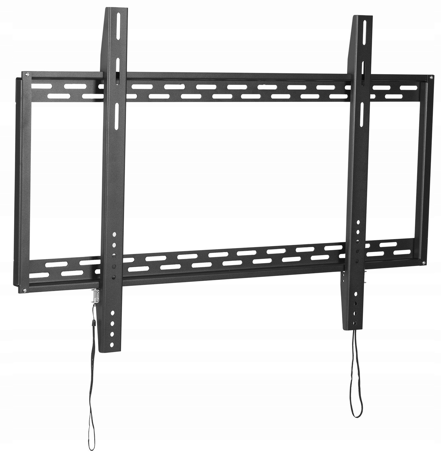 Czarna konstrukcja uchwytu ściennego do telewizora z otworami montażowymi i czarnym kablem.