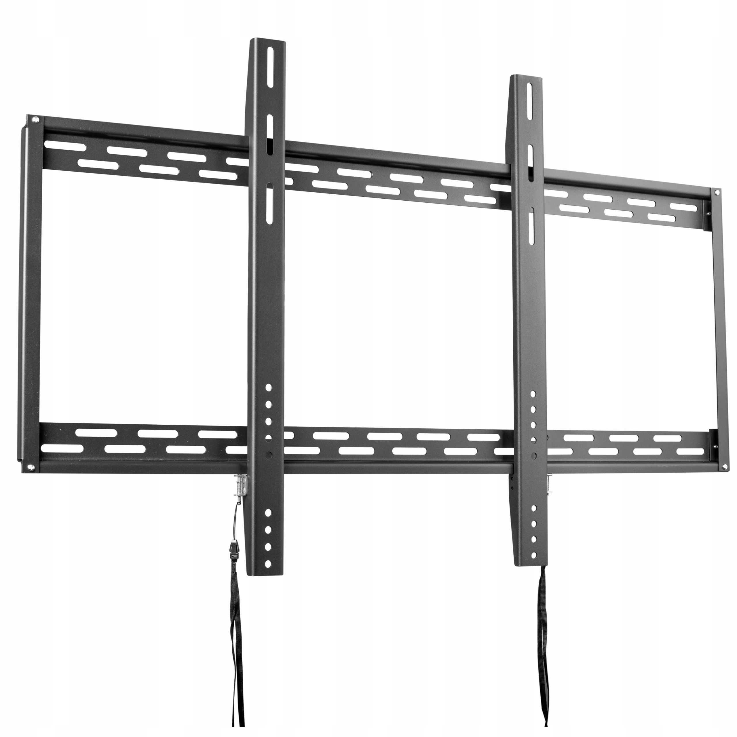 Czarna rama uchwytu TV z dwoma pionowymi belkami i poziomymi szynami.