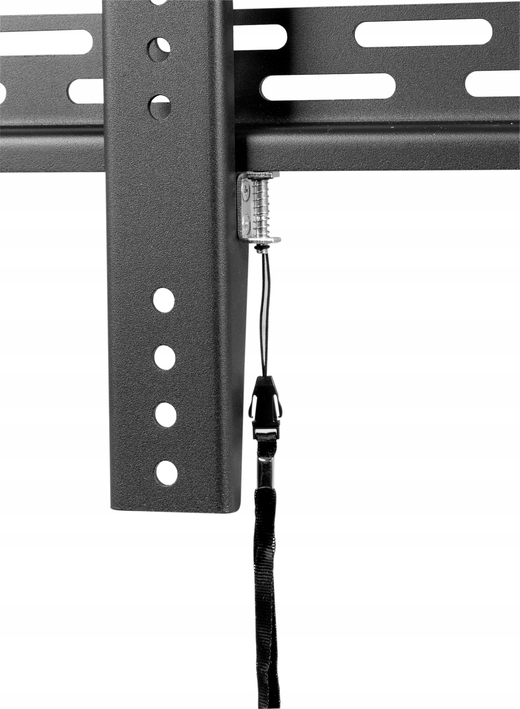 Zbliżenie czarnego uchwytu ściennego do telewizora z mechanizmem zabezpieczającym i czarnym paskiem.