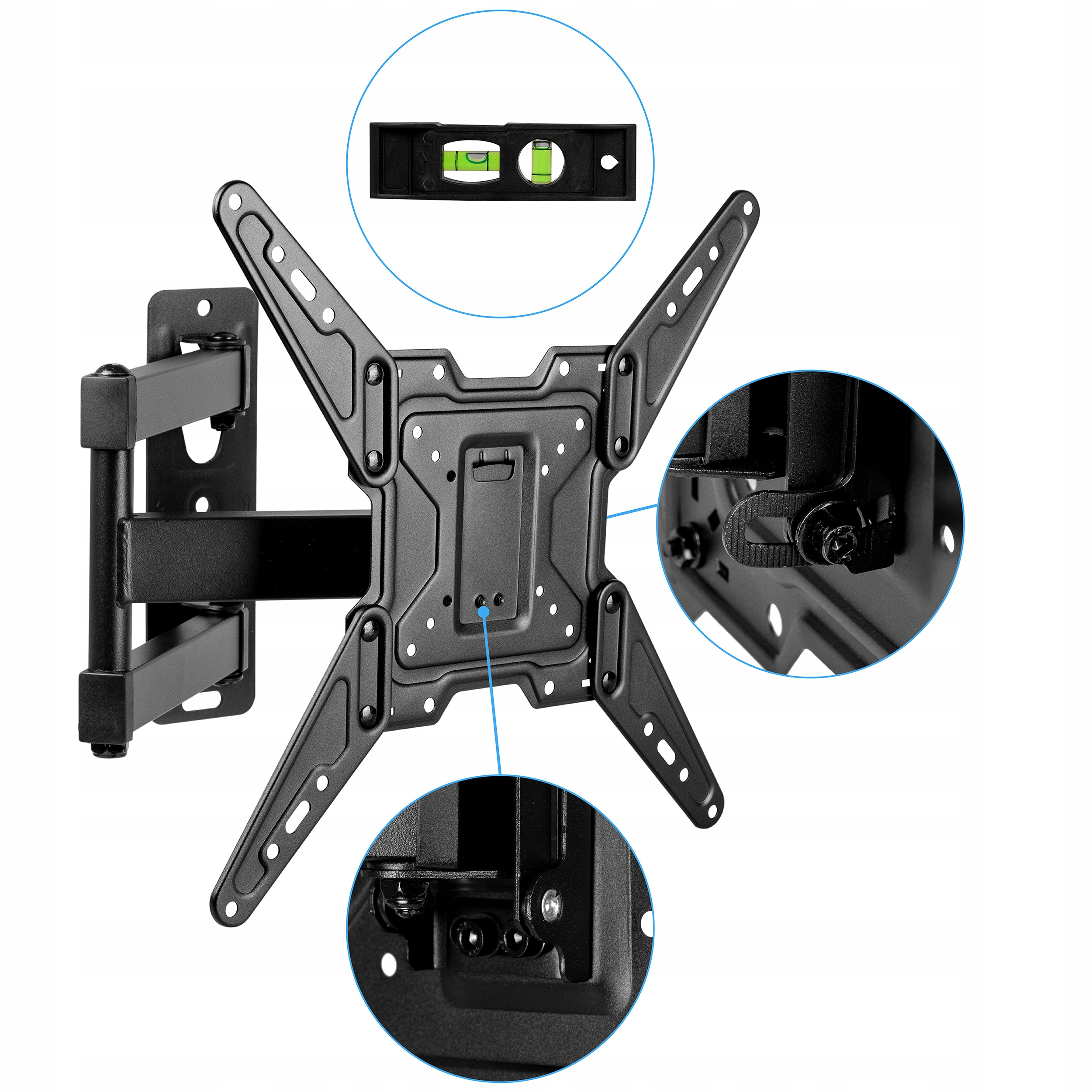 Zbliżenie czarnego uchwytu ściennego do TV z poziomicą i śrubami.