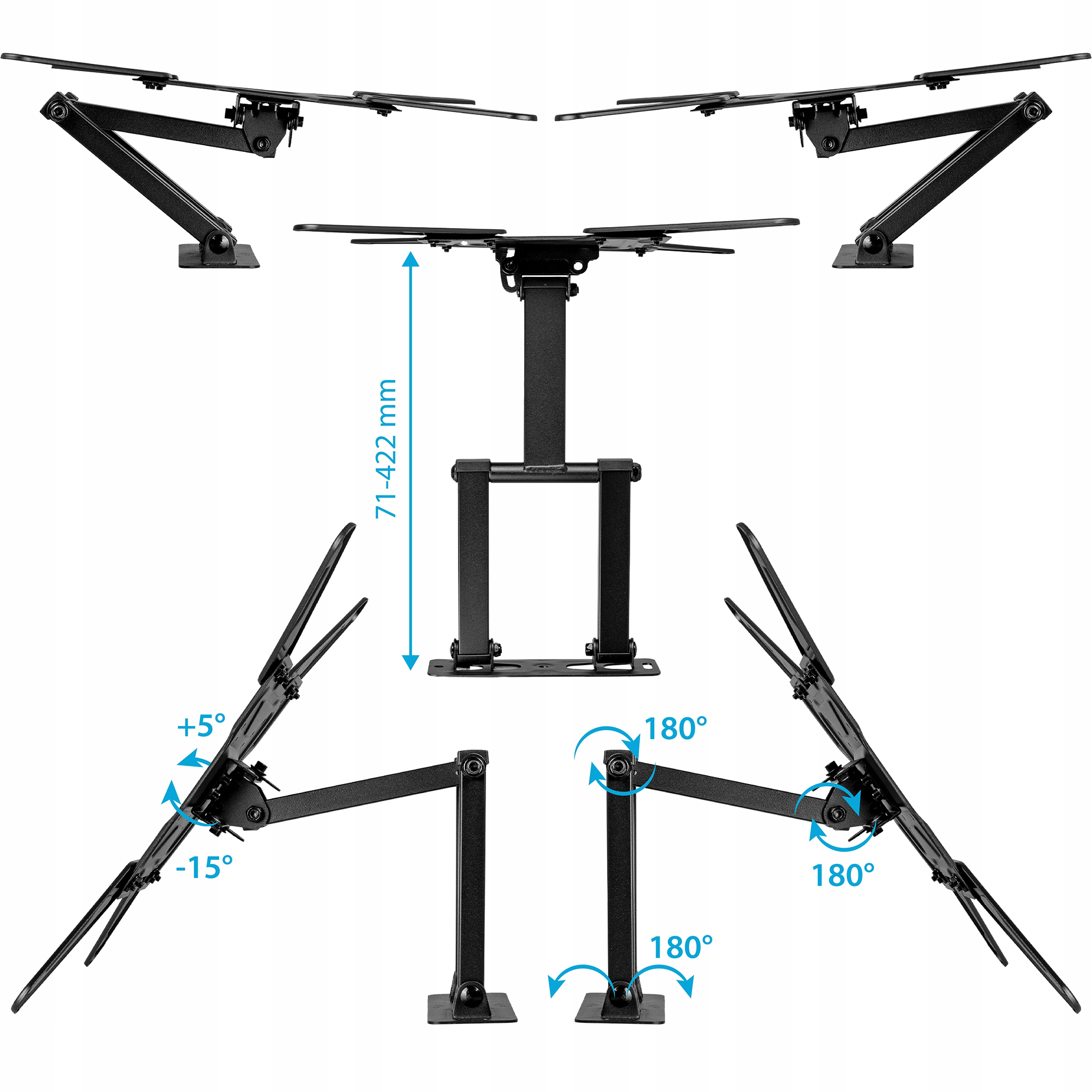 Wiele zdjęć uchwytu TV, pokazujących różne kąty i regulacje.