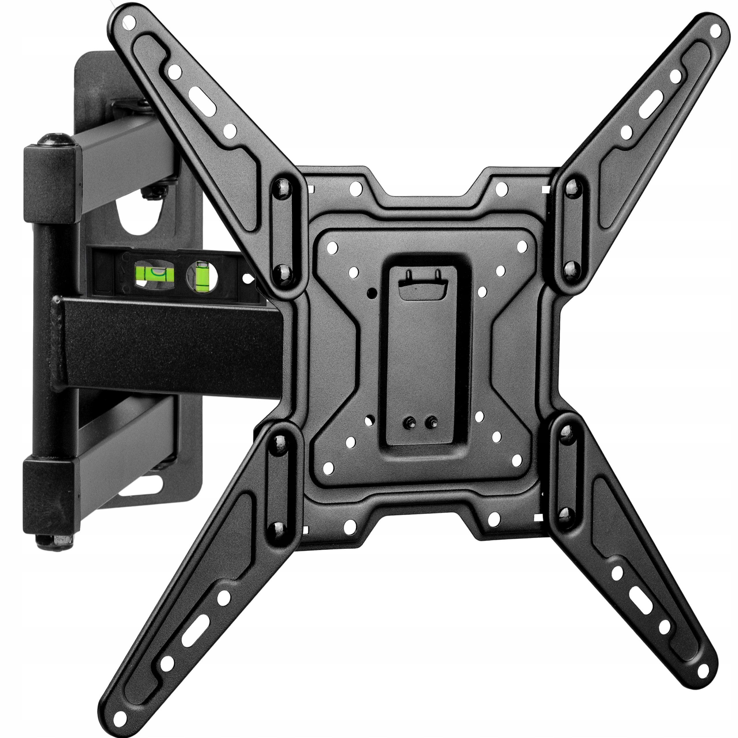 Czarny uchwyt ścienny do TV pokazujący ramię wystające ze ściany.