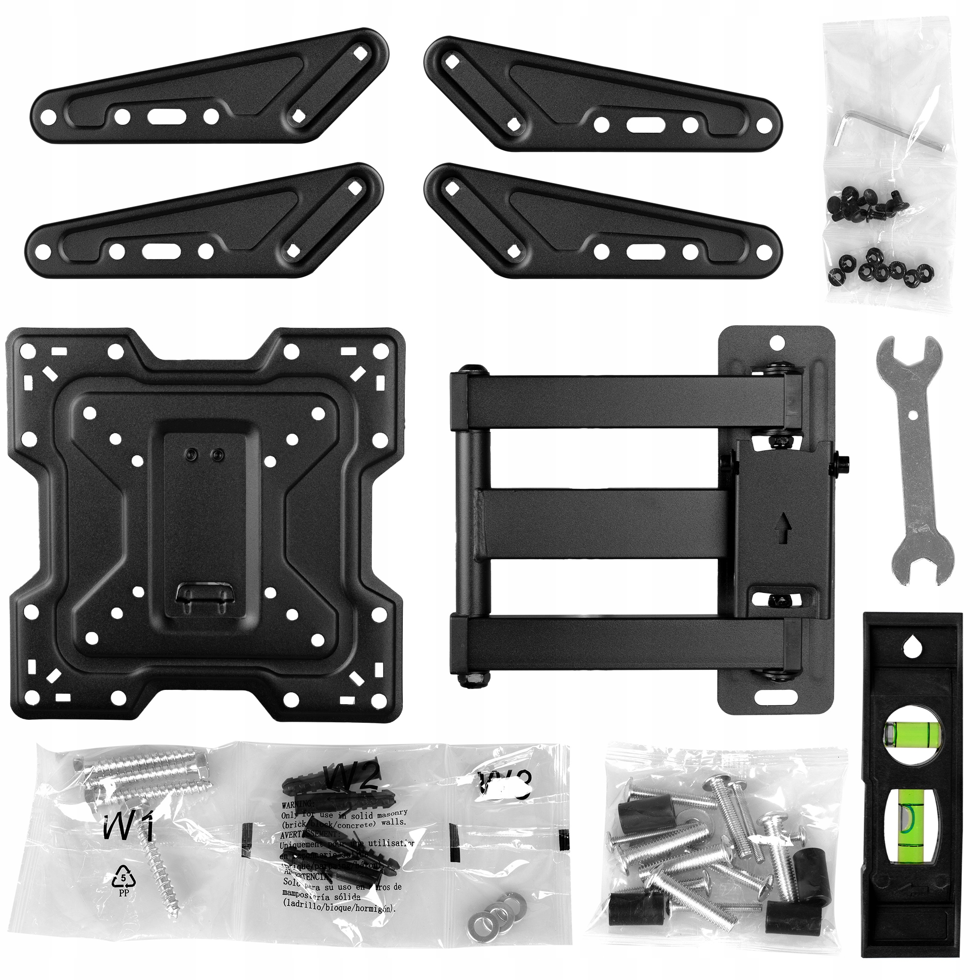 Elementy uchwytu TV, w tym wsporniki, śruby, poziomica i klucz.