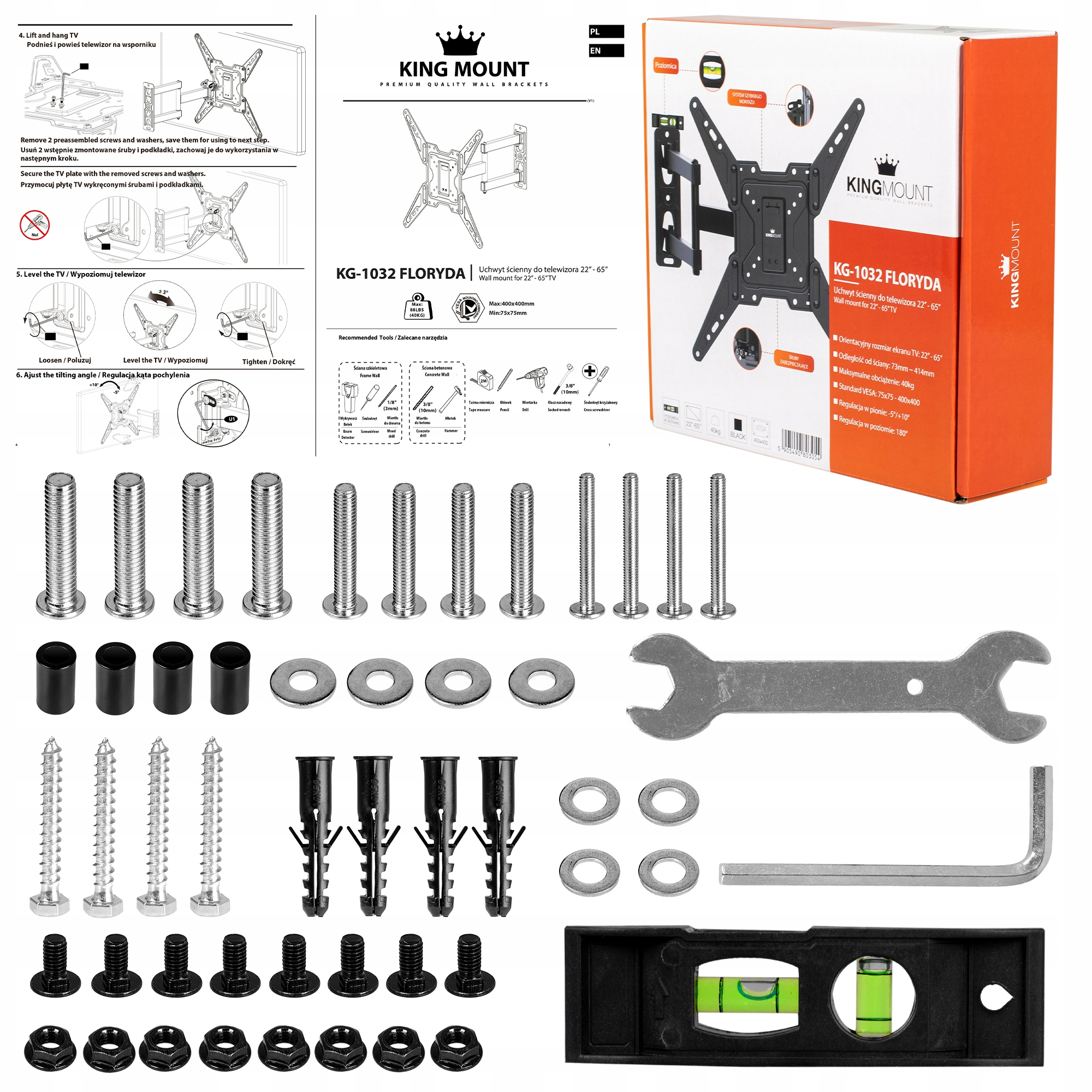 Opakowanie i instrukcje do zestawu do montażu TV ze śrubami, kluczem i poziomicą.