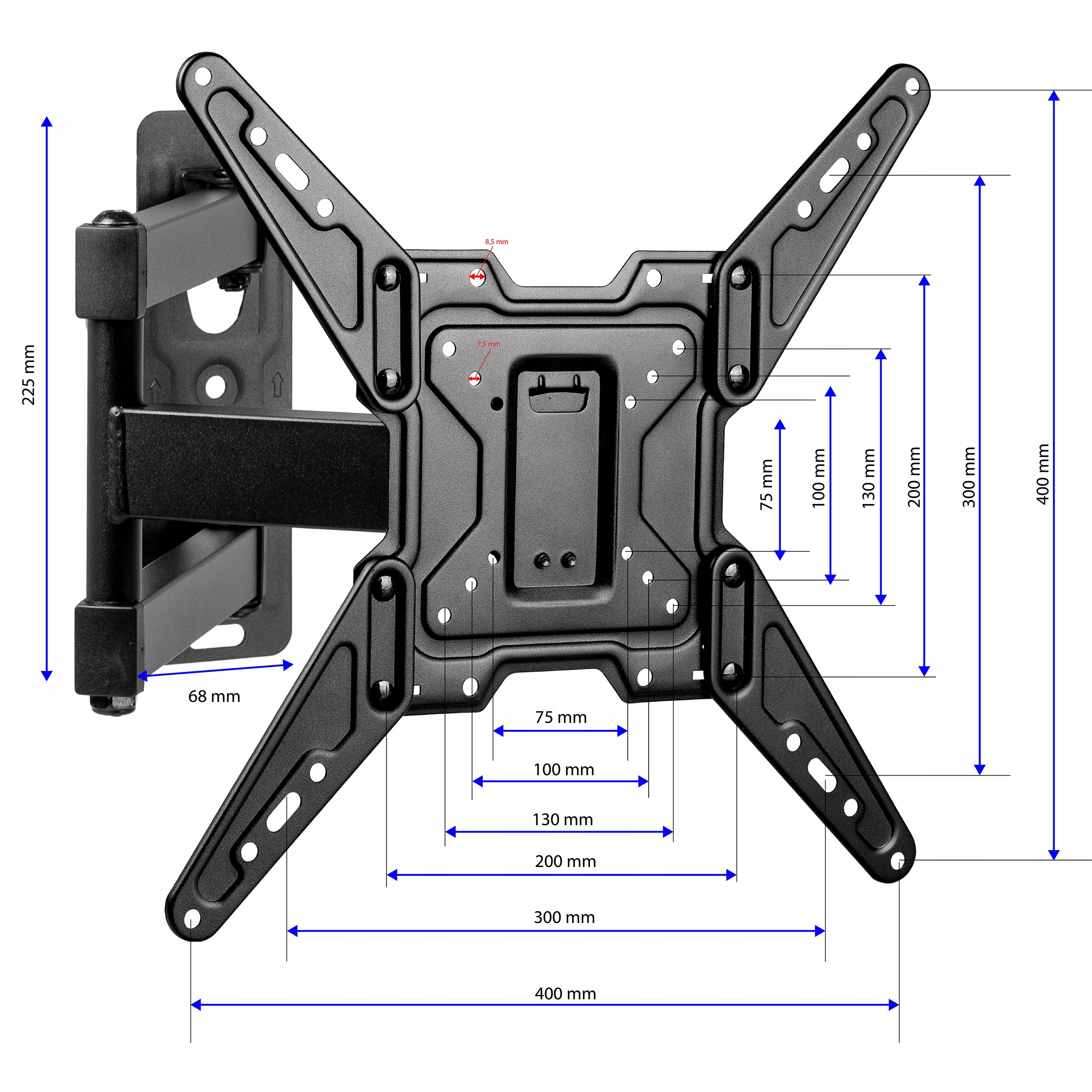 Schemat czarnego uchwytu ściennego do TV, z wymiarami i pomiarami.