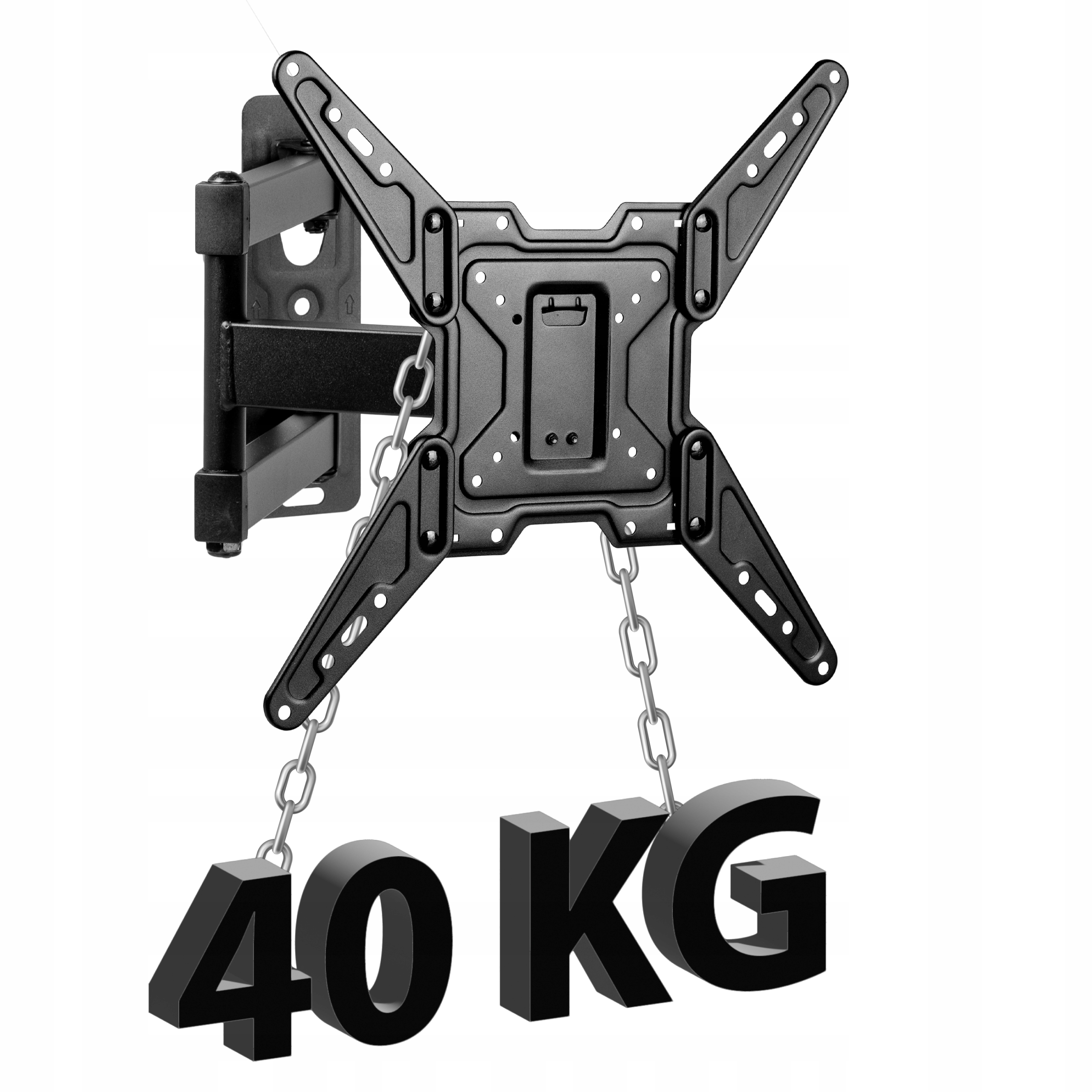 Czarny uchwyt ścienny do TV o udźwigu 40 KG, na białym tle. Łańcuchy łączą go z wagą.