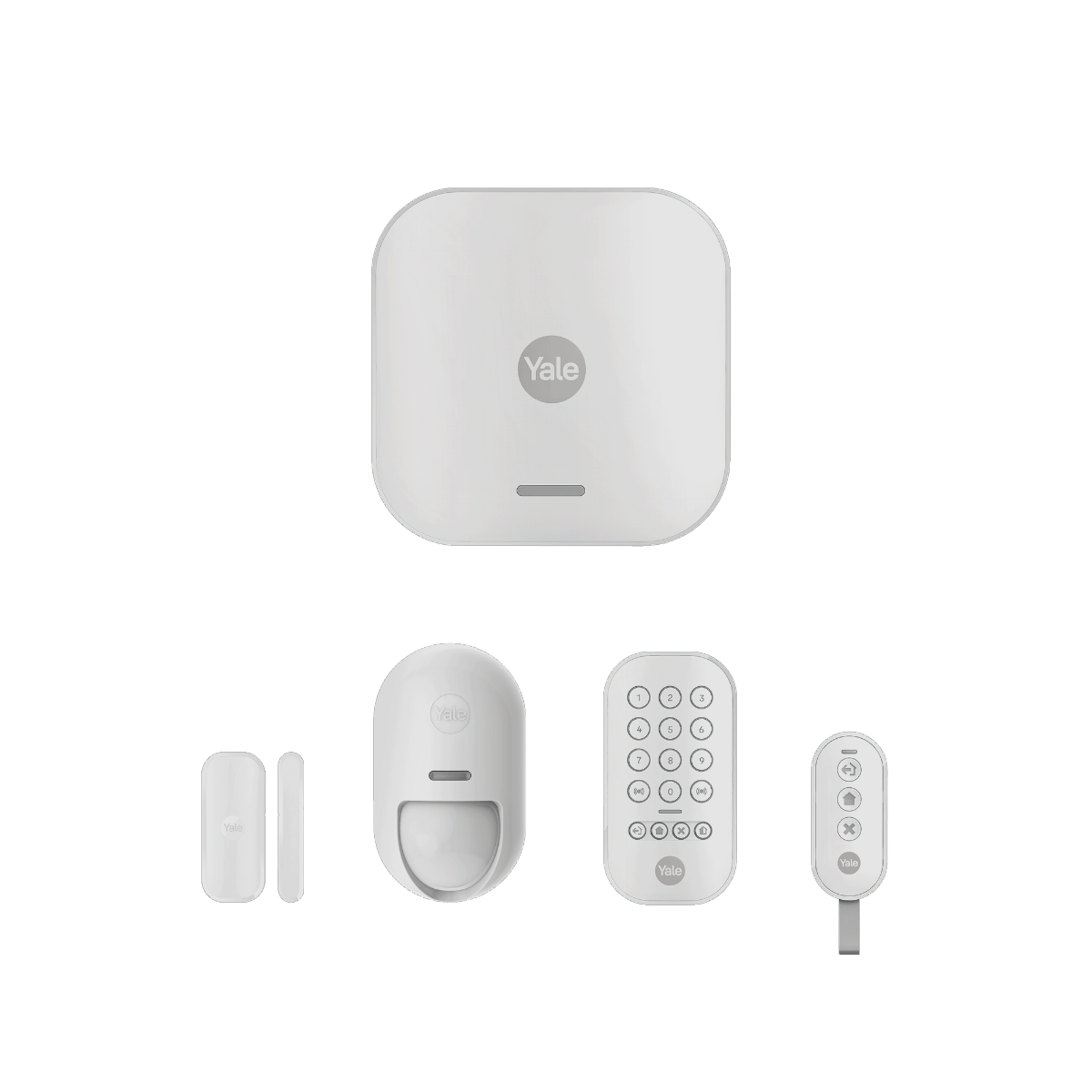 Białe elementy systemu bezpieczeństwa domu Yale: hub, klawiatura, pilot i czujnik drzwi, na zielonym tle.