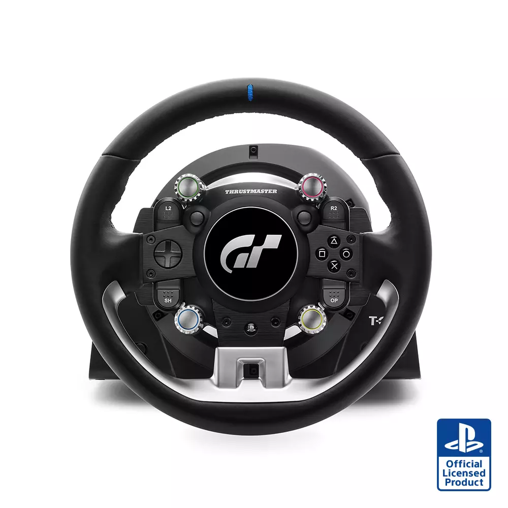Zwart racestuur met knoppen en Gran Turismo logo. Blauw label bovenaan.