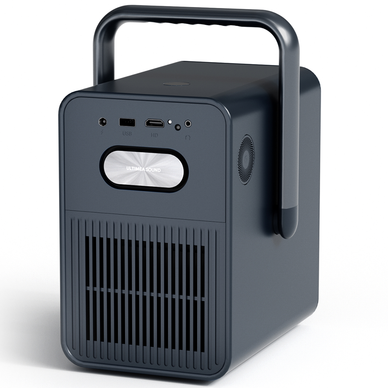 Zbliżenie ciemnoniebieskiego projektora z uchwytem i portami wejściowymi. Widoczna nazwa marki 'ULTIMEA SOUND'.