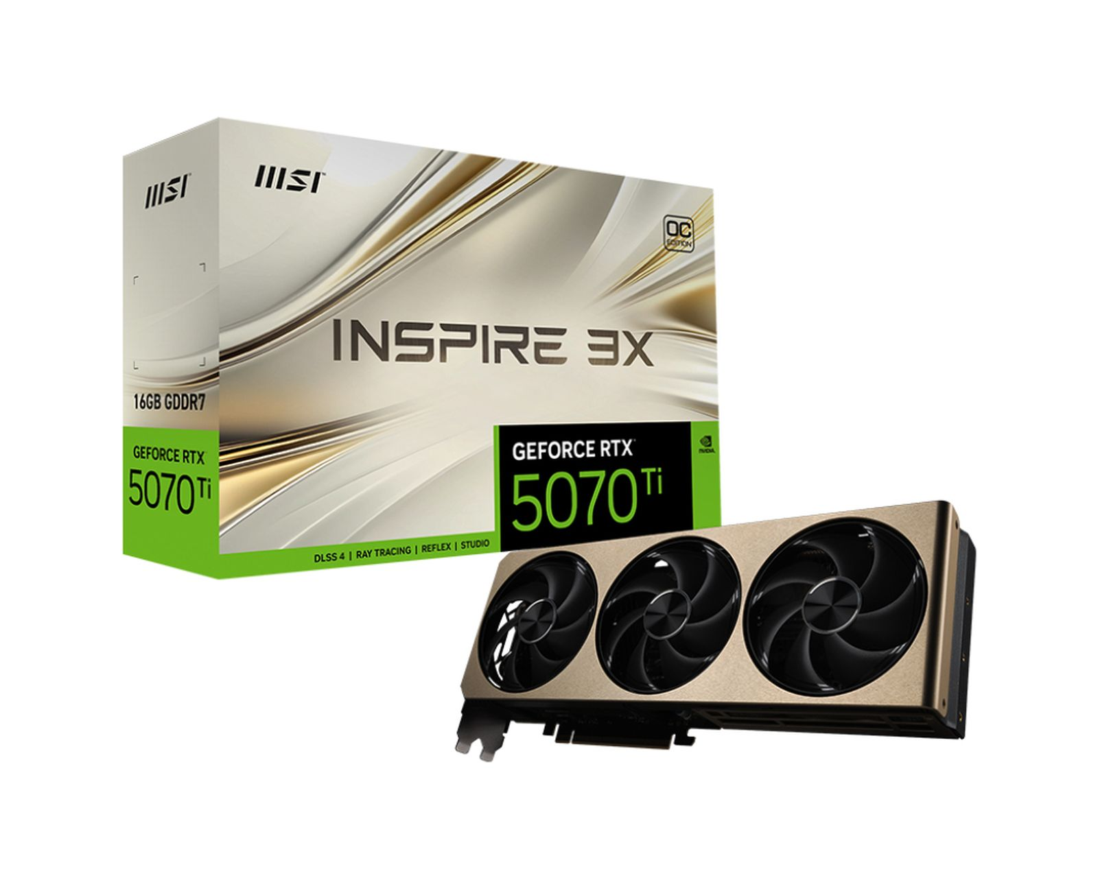 Karta graficzna MSI GeForce RTX 5070Ti i pudełko. Pudełko jest biało-złote, karta ma trzy wentylatory.