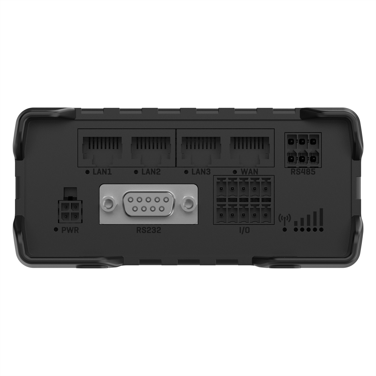 Dos de l'appareil noir avec des ports. Les ports LAN, RS232 et E/S sont visibles.