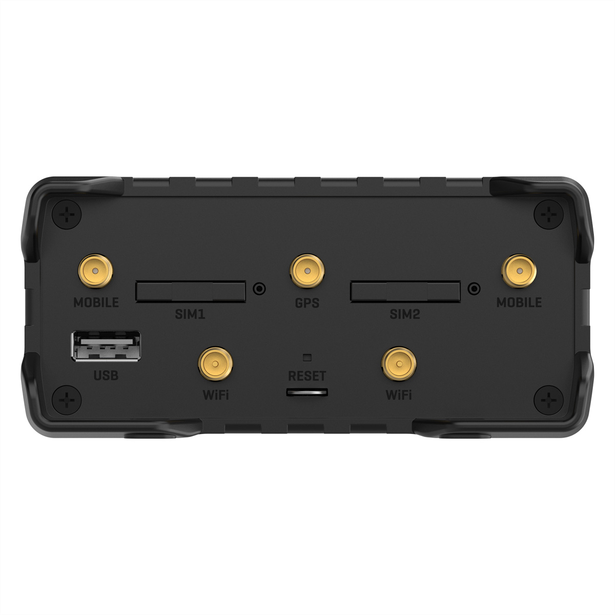 Vue de dessus d'un appareil noir. Contient un port USB, des emplacements SIM, Wi-Fi, GPS et un bouton de réinitialisation.