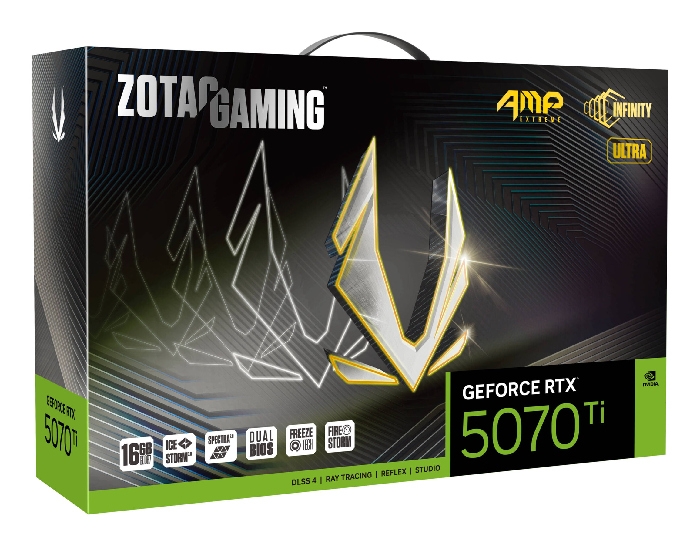 ZOTAC GAMING GeForce RTX 5070 Ti Box. Grün, Schwarz und Weiß mit Grafiken. Weißer Hintergrund.