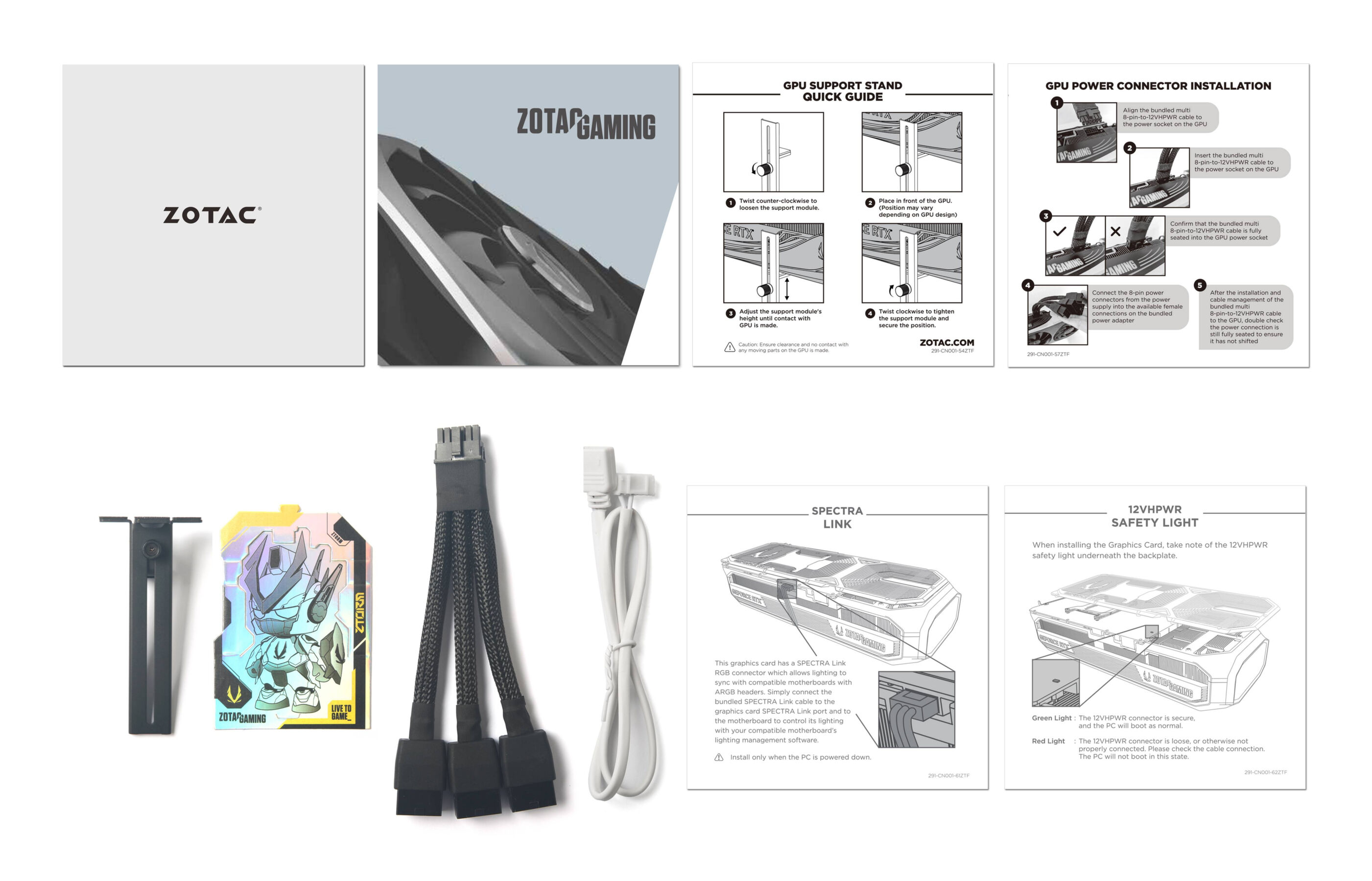 Zotac-Verpackung mit verschiedenen Komponenten. Handbücher, Kabel und ein Ständer sind vorhanden.