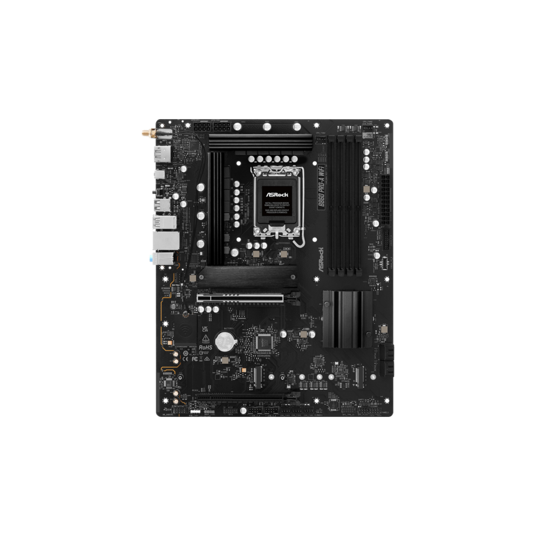 Scheda madre nera con molti componenti. Ha un socket CPU e varie porte.