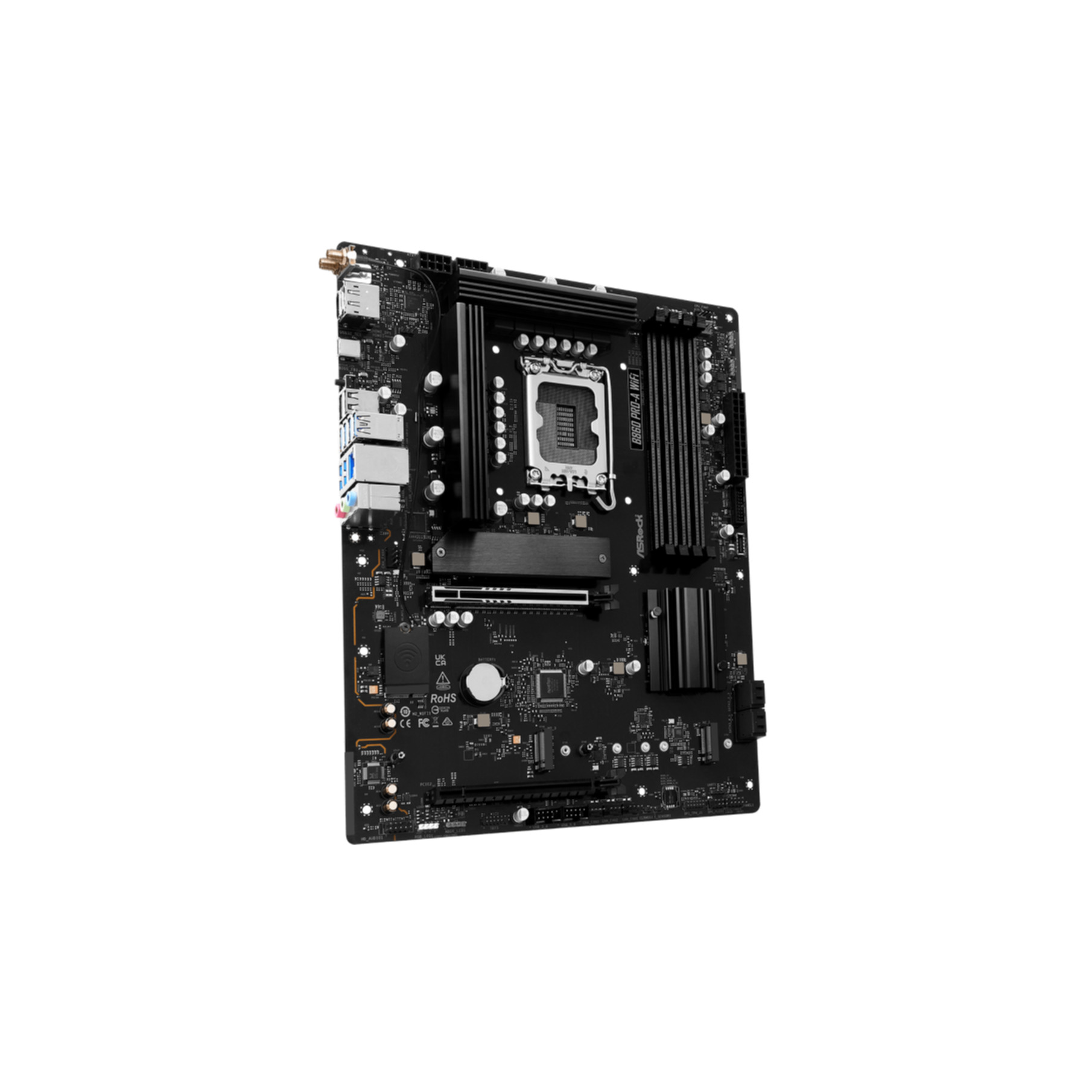 Scheda madre nera con molti componenti. Ha un socket CPU e diverse porte.