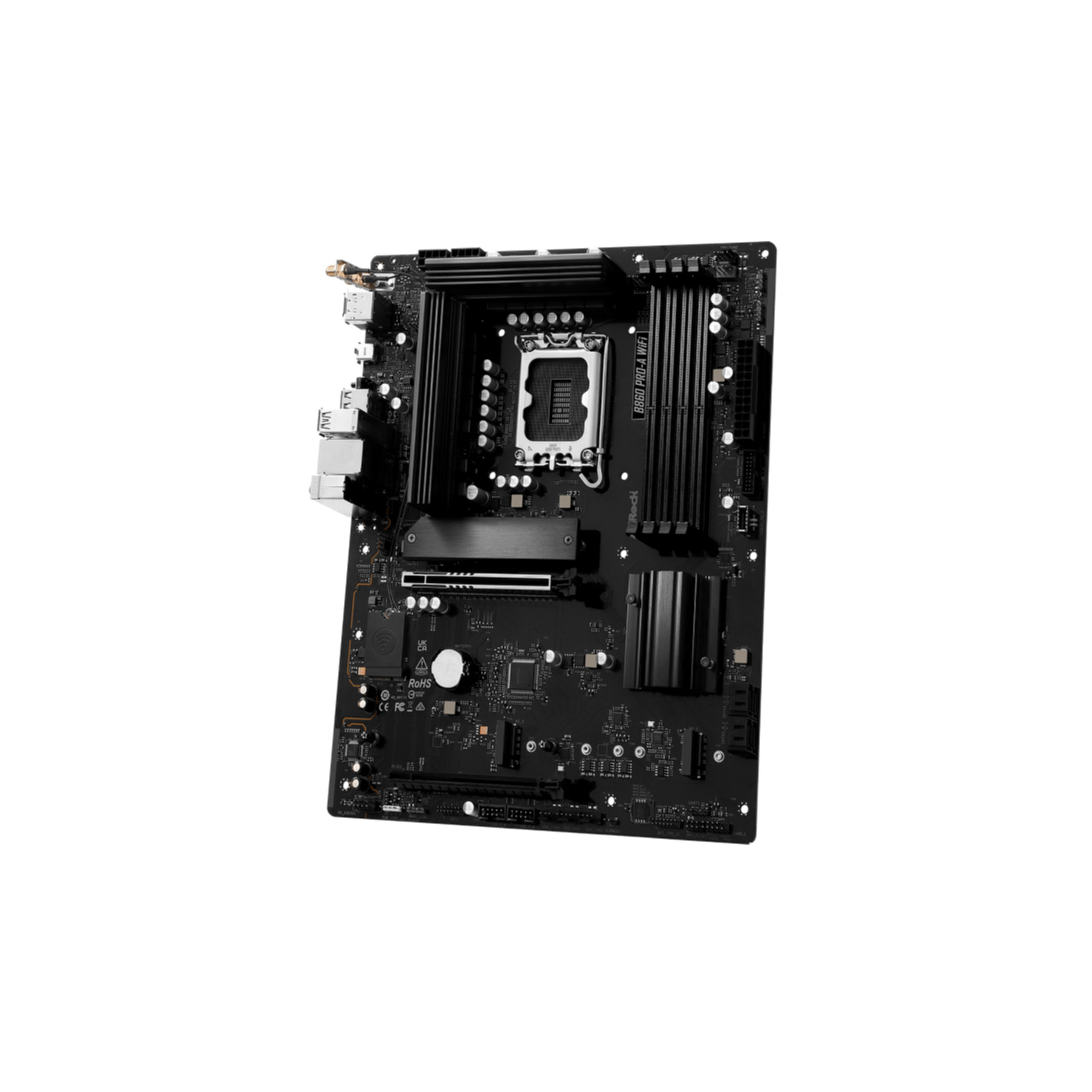 Scheda madre nera con diversi componenti e un socket CPU.