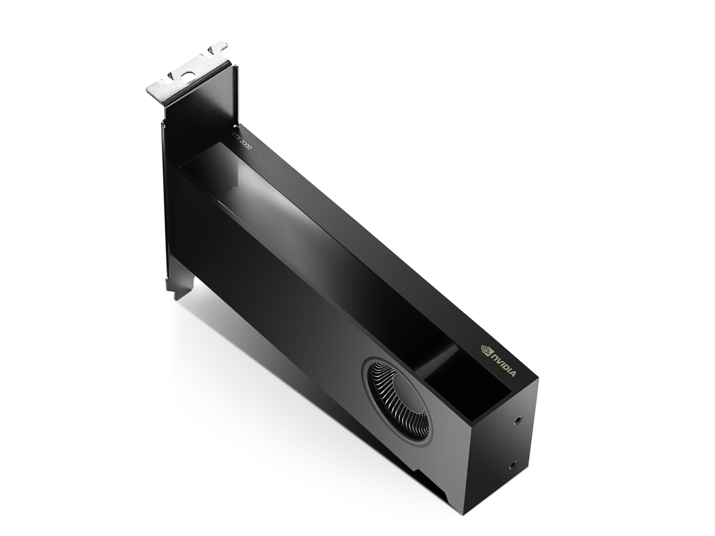 Czarna karta graficzna NVIDIA z jednym wentylatorem, pod kątem na białym tle. Widoczne logo NVIDIA.